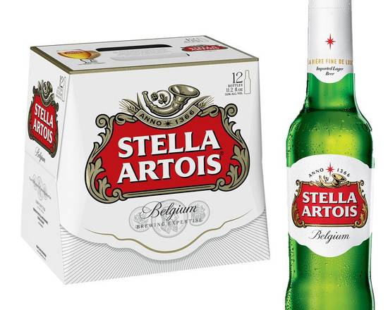 Order Stella Artois, 12pk-12oz bottle beer (5.2% ABV) food online from Ogden Wine & Spirit store, Naperville on bringmethat.com