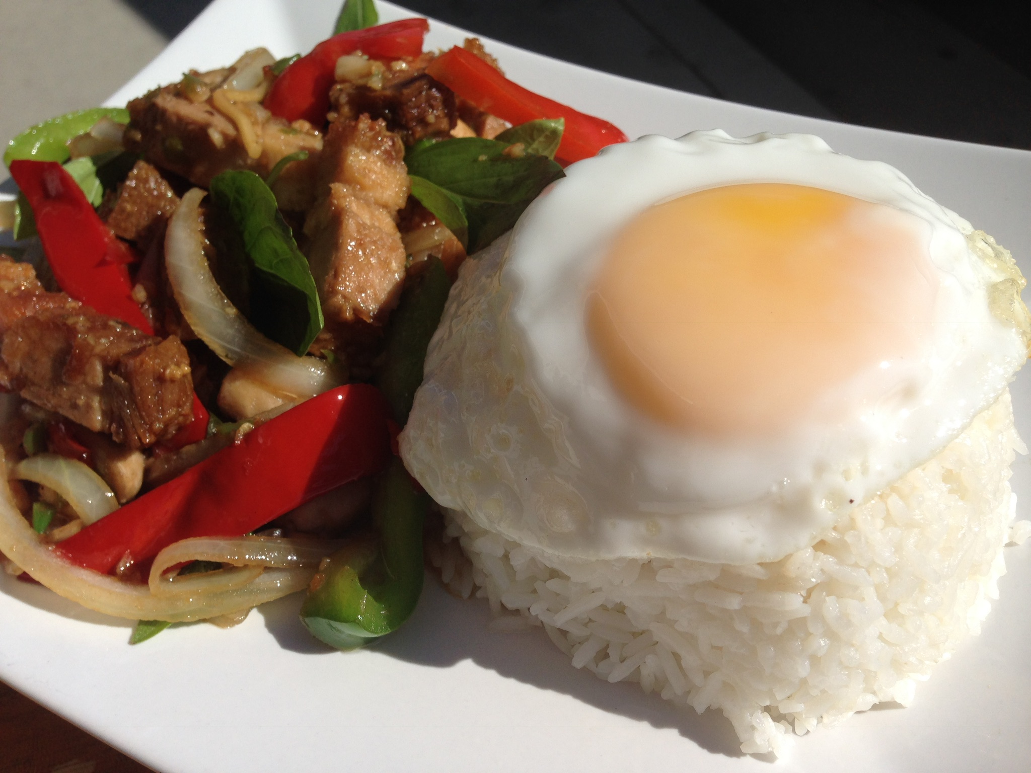 Order Kra Pao Moo Krob with Fried Egg food online from Angel Thai Cuisine store, Glendale on bringmethat.com