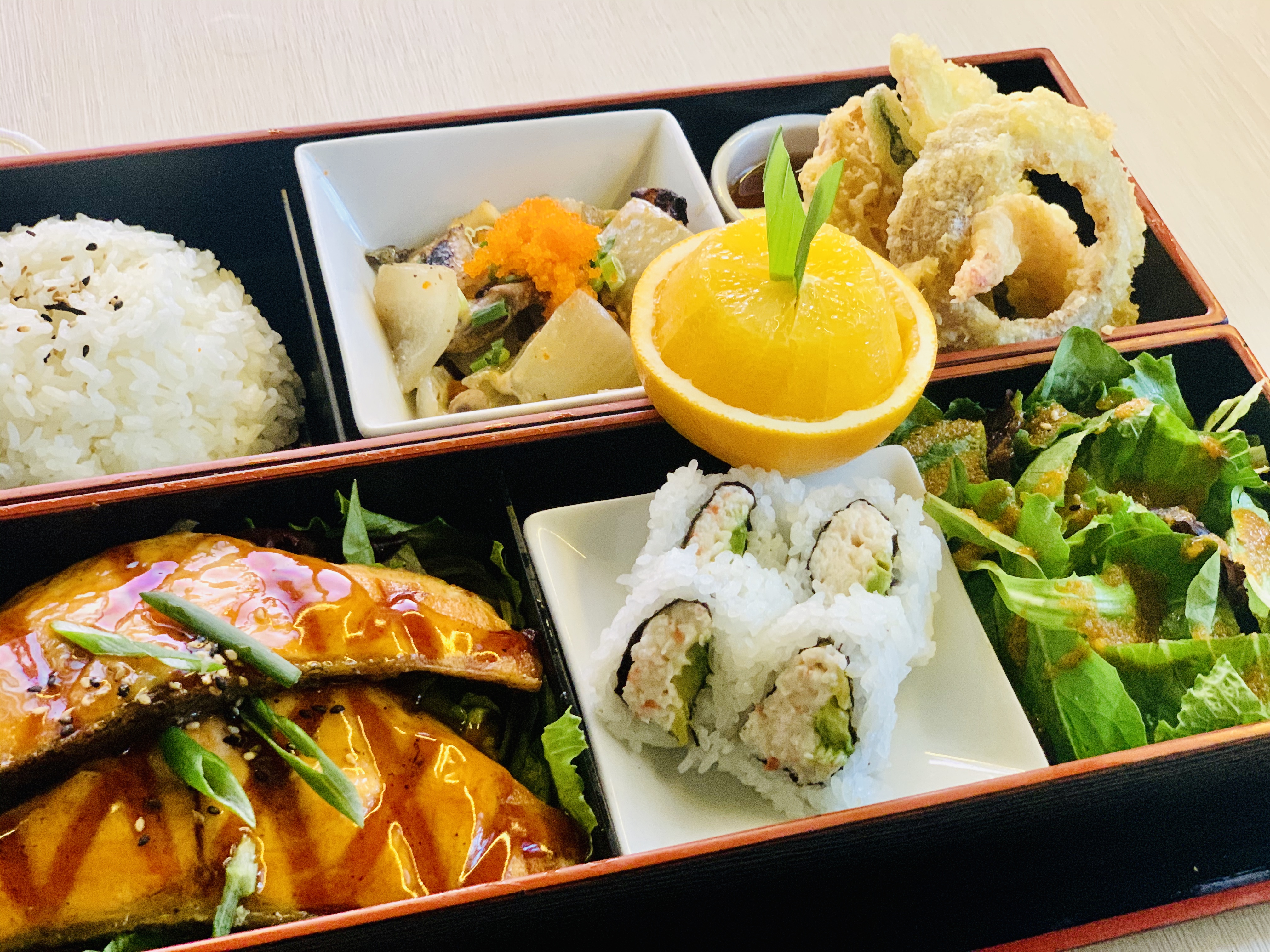 Order Salmon Teriyaki Bento food online from Sakana Japanese Sushi & Grill store, La Canada Flintridge on bringmethat.com