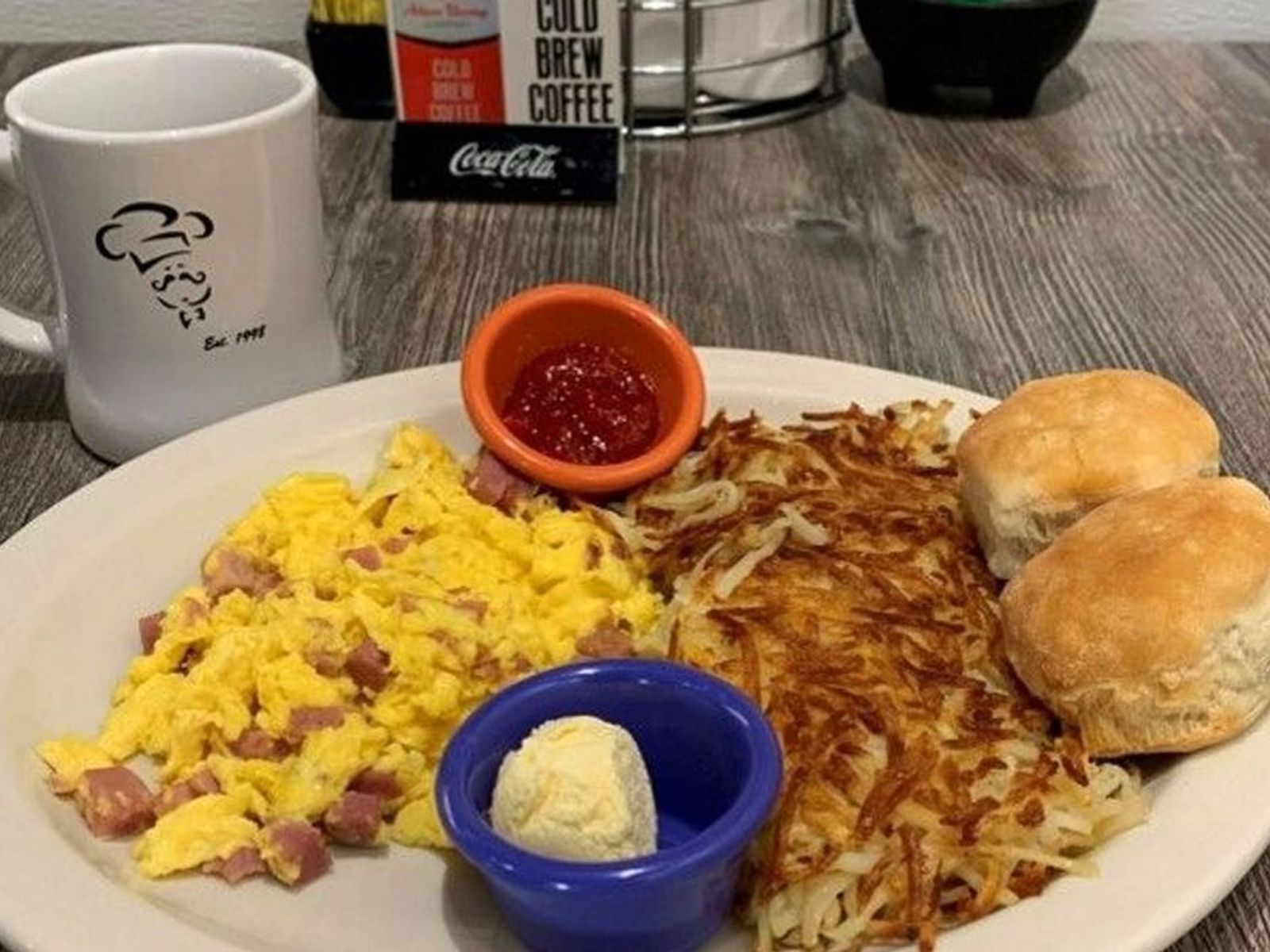 Order Ham Scramble - OO food online from Biscuits Cafe store, Chandler on bringmethat.com