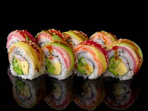 Order Rainbow Roll food online from Oyama Sushi & Steakhouse store, Cedar Rapids on bringmethat.com