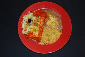 Order B. Red or Green Chili con Carne Burro Enchilada Style food online from Manuel's Mexican store, Phoenix on bringmethat.com