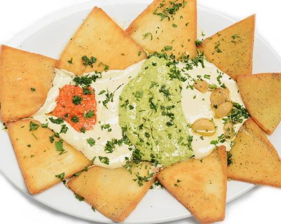 Order Pita Chips with 3 Dips food online from George's Greek Grill-Fig at 7th store, Los Angeles on bringmethat.com
