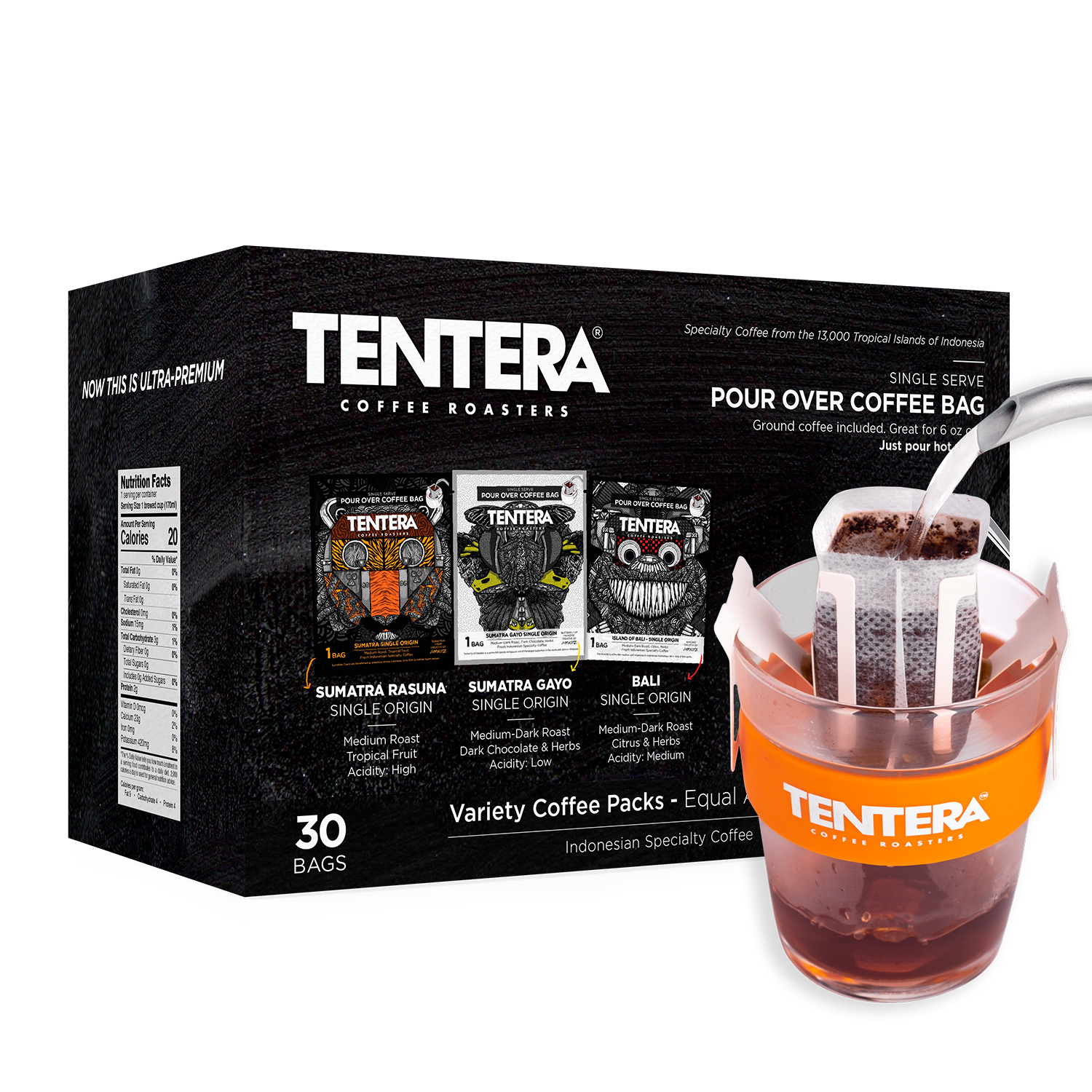 Order Pour Over Coffee Bags - Variety Box (30 packs) Indonesian Coffee food online from Tentera Coffee Roasters store, Los Angeles on bringmethat.com