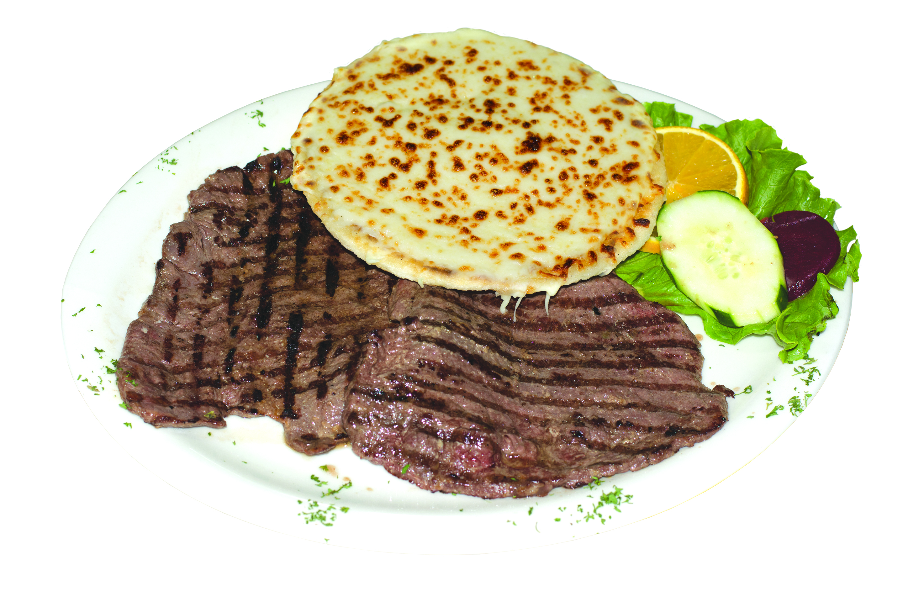 Order Carne A La Brasa Con Arepa / Grilled Steak with Corn Cake food online from Mr. Mario store, College Point on bringmethat.com