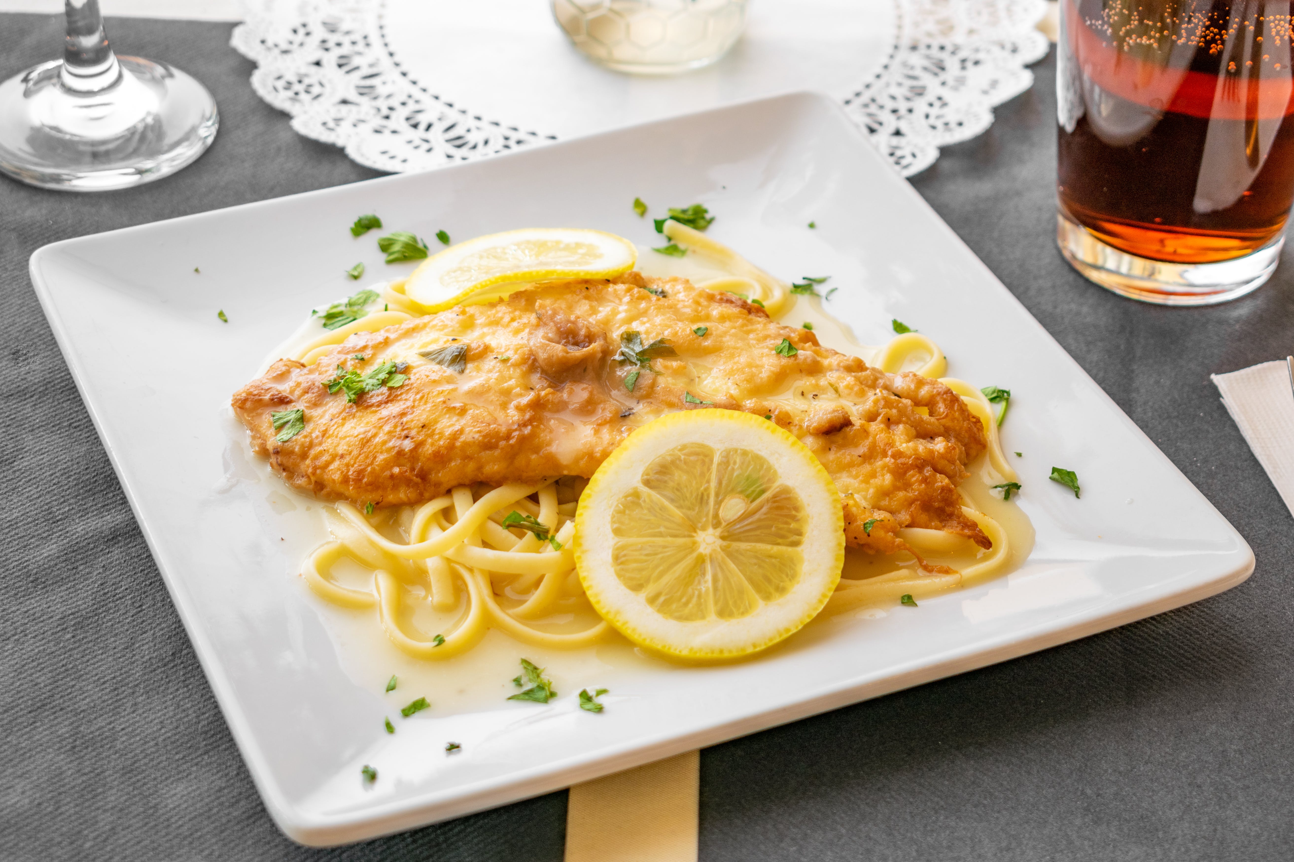 Order Chicken Francese - Entree food online from Vinnie's Pizzeria Ristorante store, Boonton on bringmethat.com