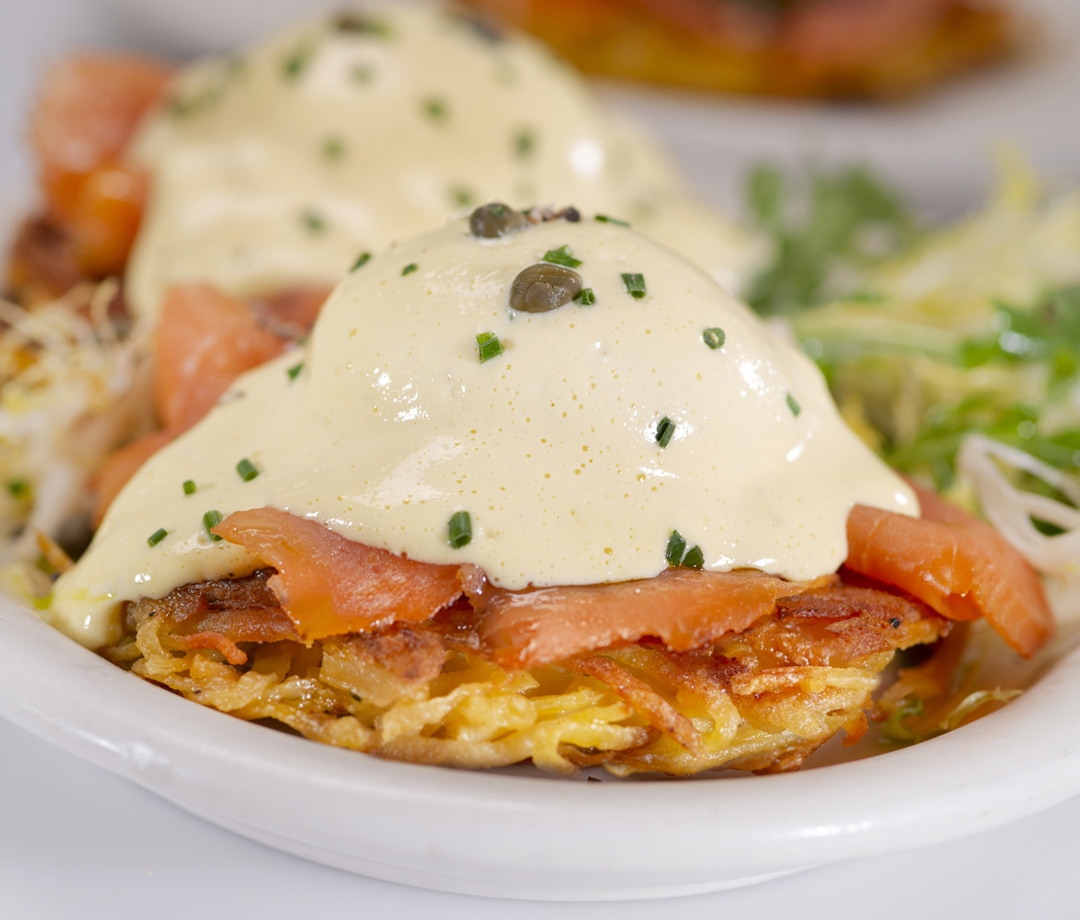 Order Eggs Benedict Canyon with Smoked Salmon* food online from Urth Caffe store, Hawthorne on bringmethat.com