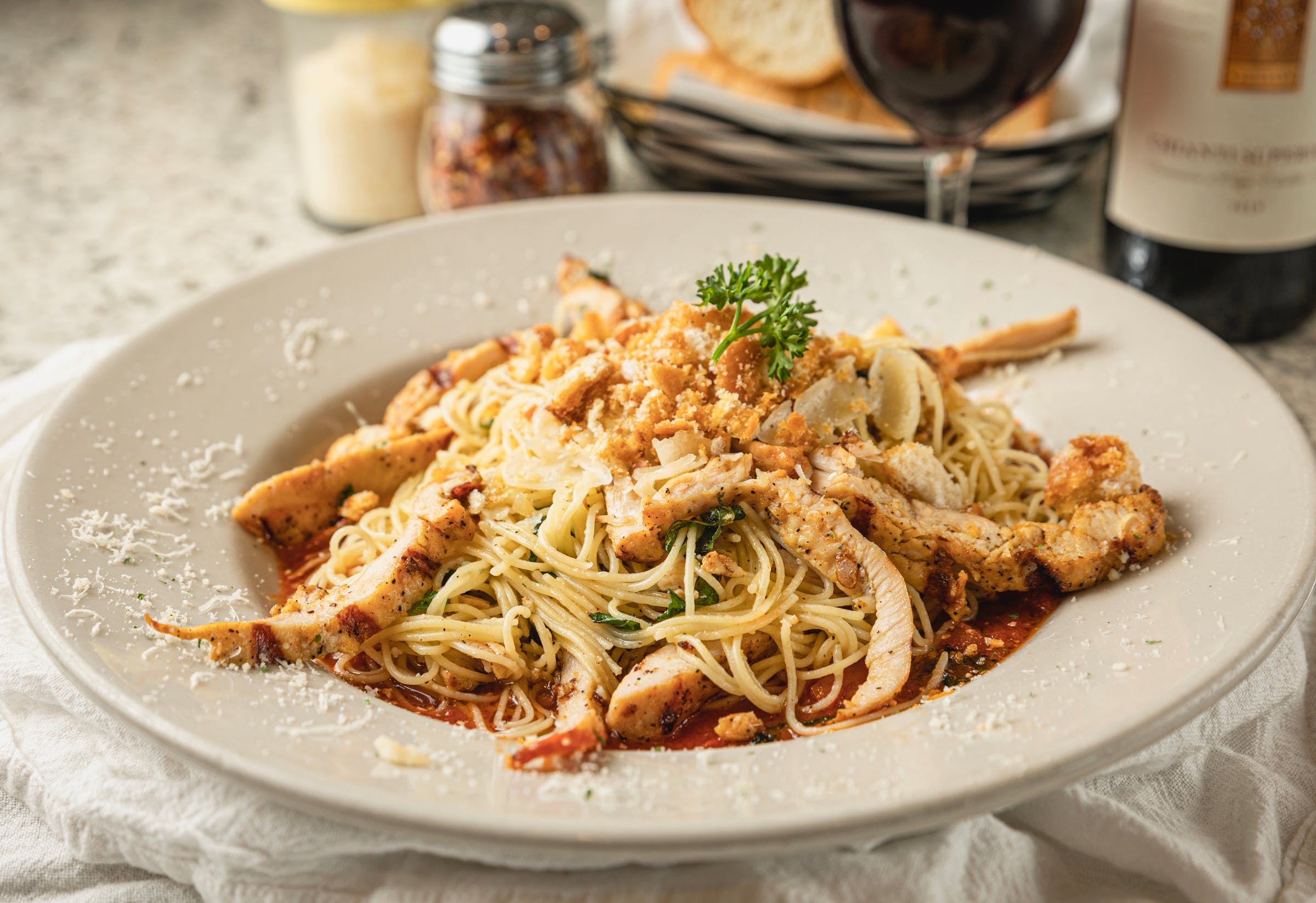 Order Cappellini con Parmigiano with Grilled Chicken - Pasta food online from Mario Pizza & Pasta store, Seabrook on bringmethat.com