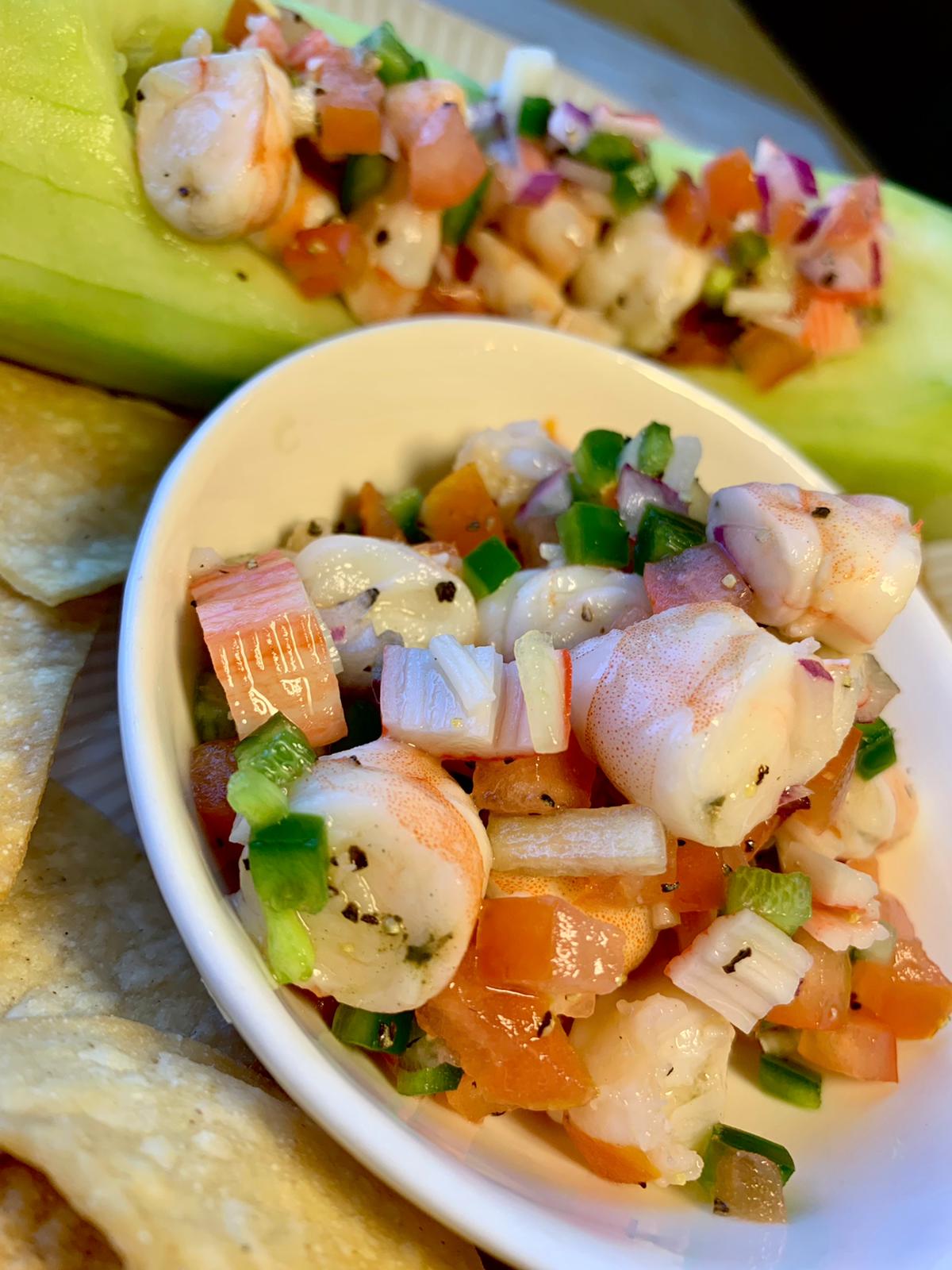 Order Ceviche Shrimp Canoe food online from Moonrise Spirits And Sushi store, El Paso on bringmethat.com
