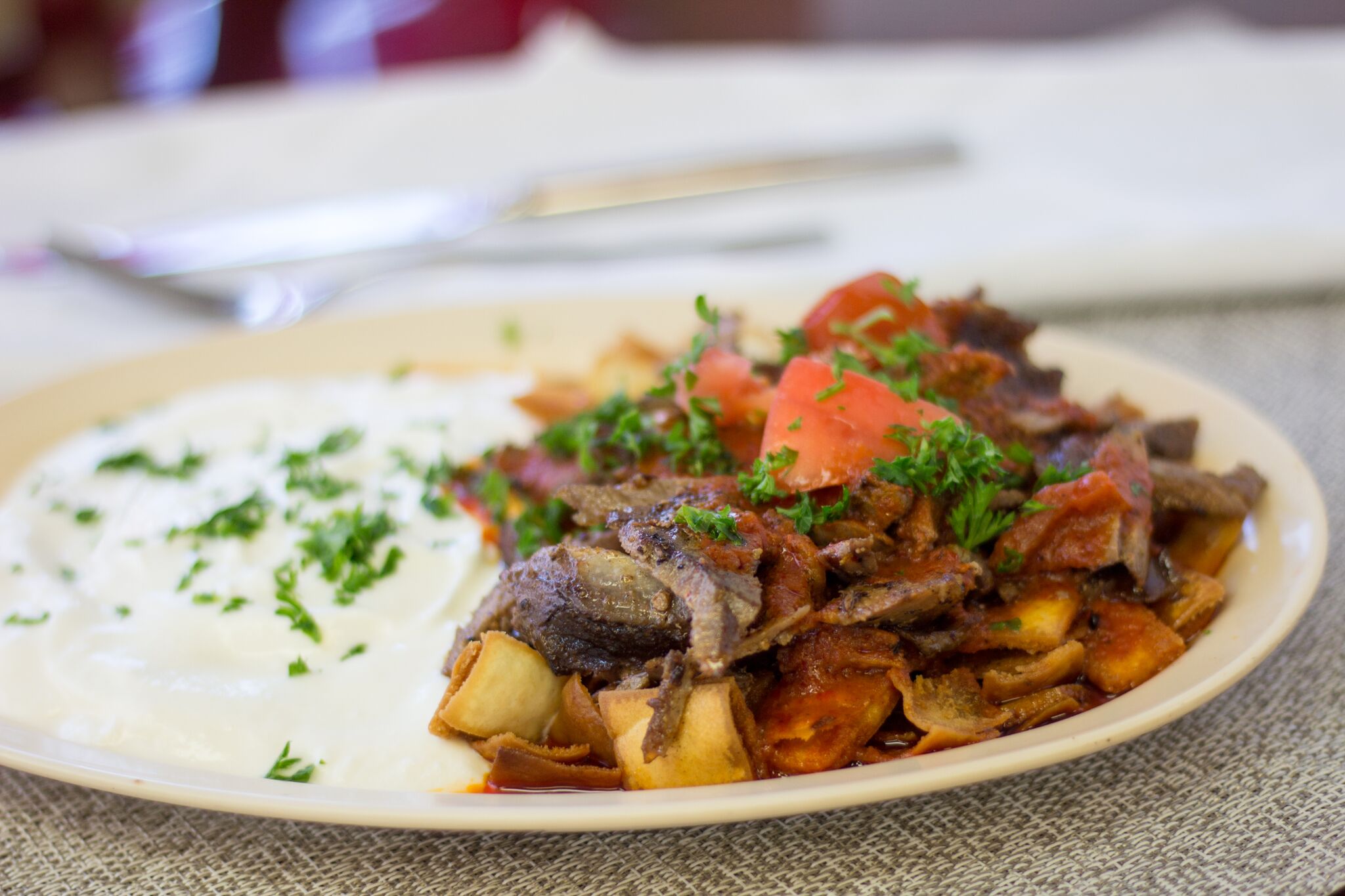 Order 45. Iskender Kabob Plate food online from House of Falafel store, Cupertino on bringmethat.com