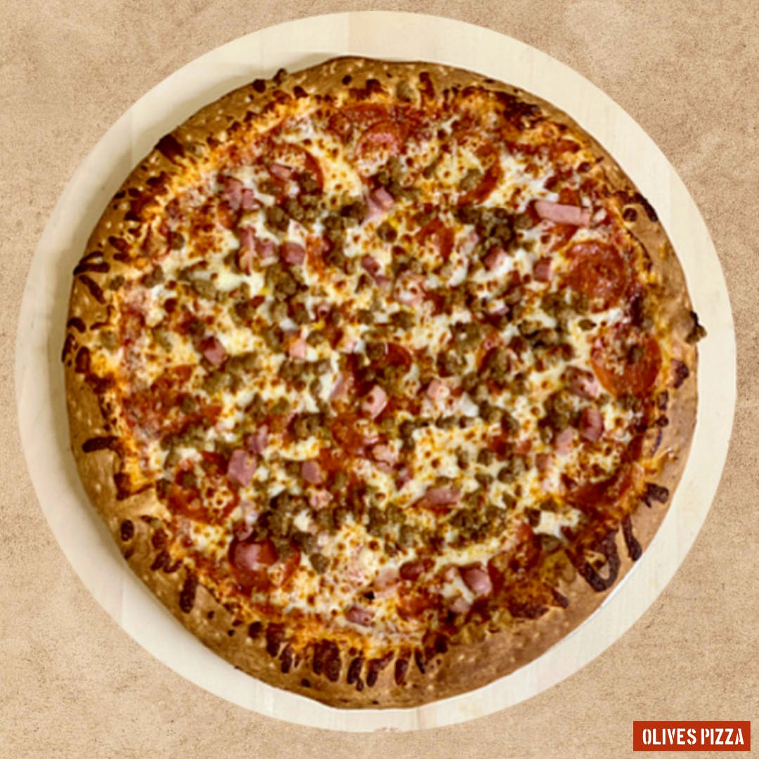 Order The Meat Treat Pizza - Large 14'' (8 Slices) food online from Olives Pizza Inc. store, Stafford on bringmethat.com