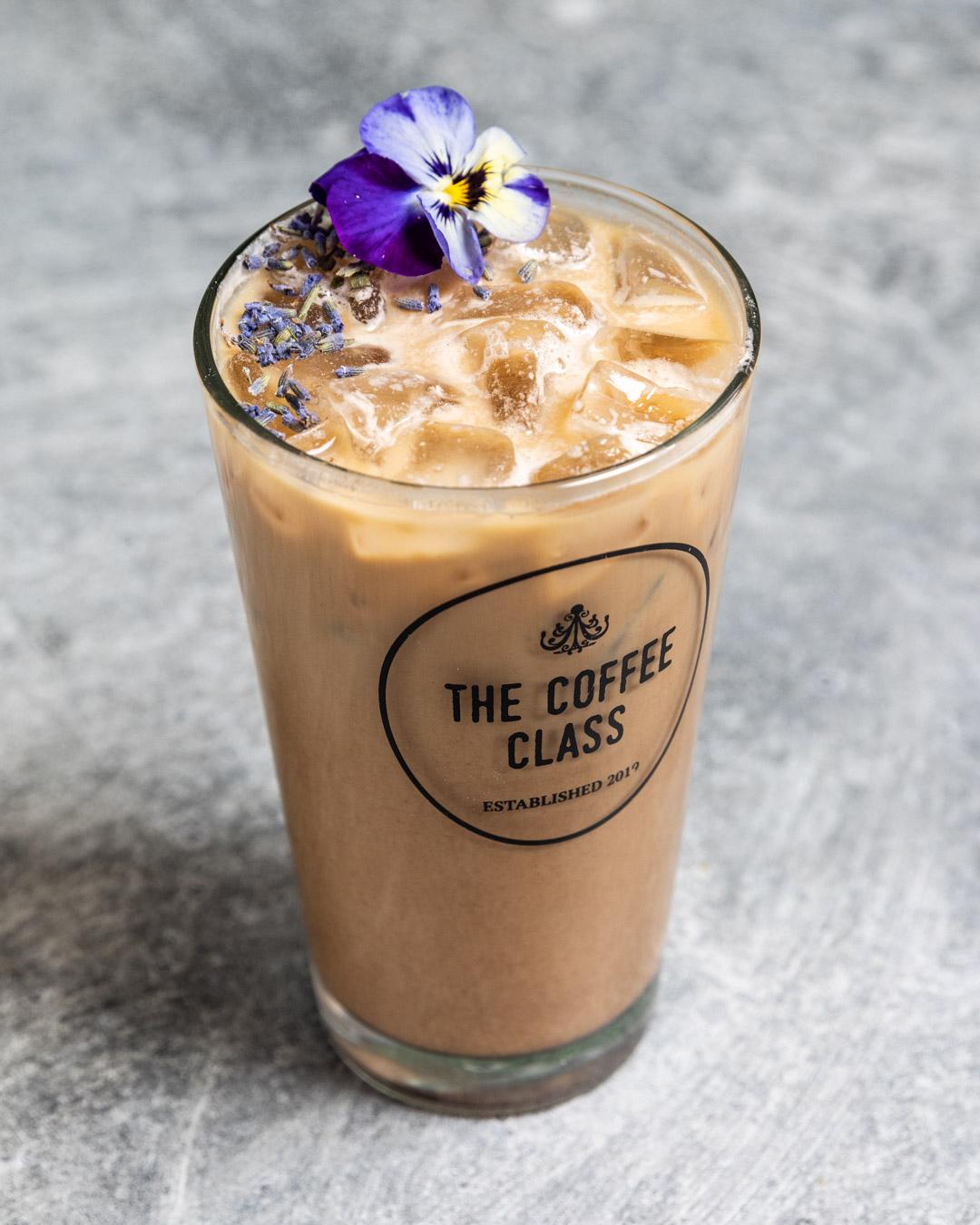 Order Honey Lavender Latte (Iced) - # food online from The Coffee Class store, Las Vegas on bringmethat.com