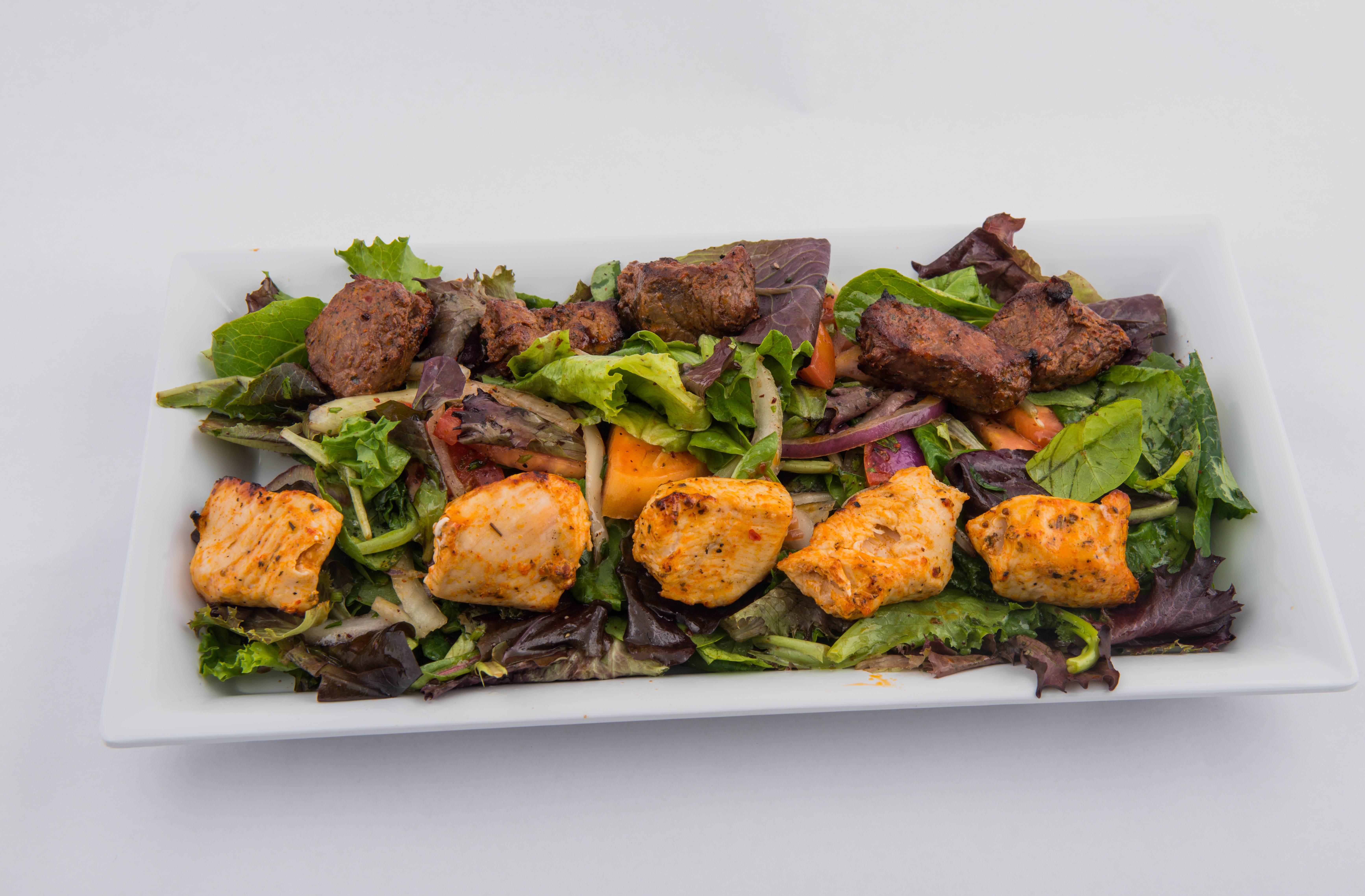 Order Garden Salad with Mix Shish and Chicken Kebab food online from Mangal Kabob  store, Sunnyside on bringmethat.com