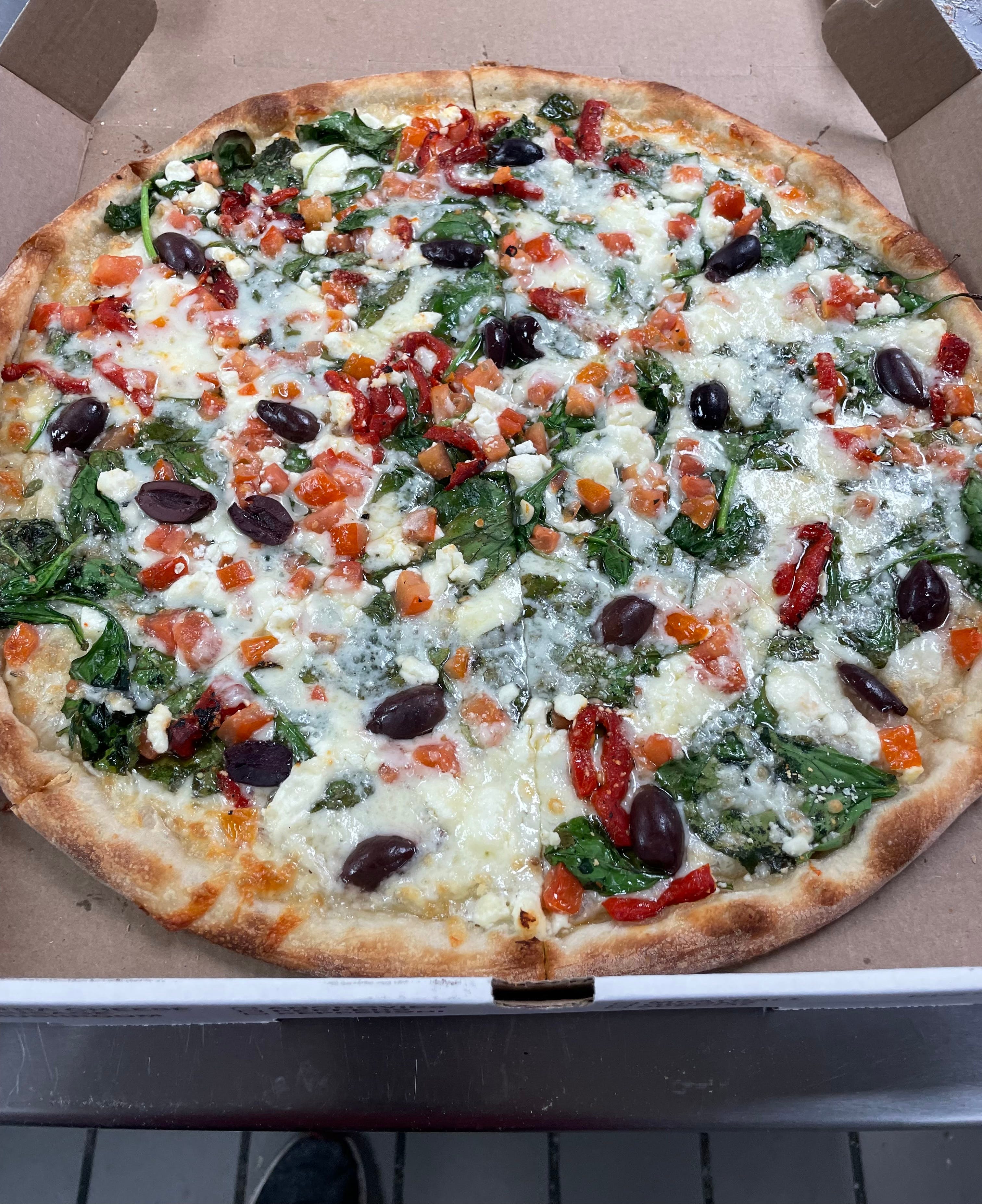 Order Greek Pizza - Medium (6 Slices) food online from Uncle Eddie Pizza store, Maple Glen on bringmethat.com