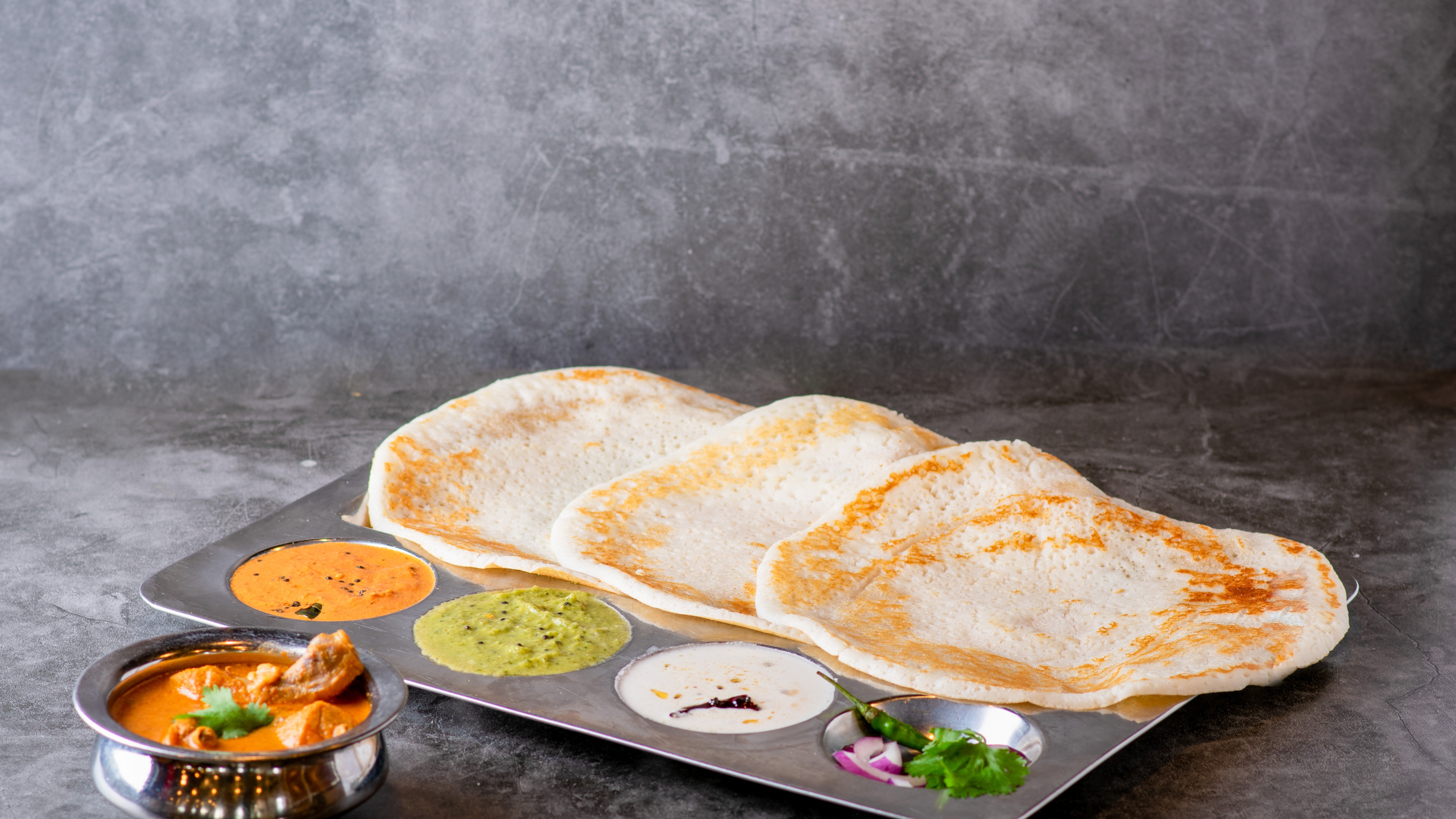 Order Kal Dosa Curry Combo - 3 pieces food online from Sangam Chettinad Indian Cuisine store, Austin on bringmethat.com