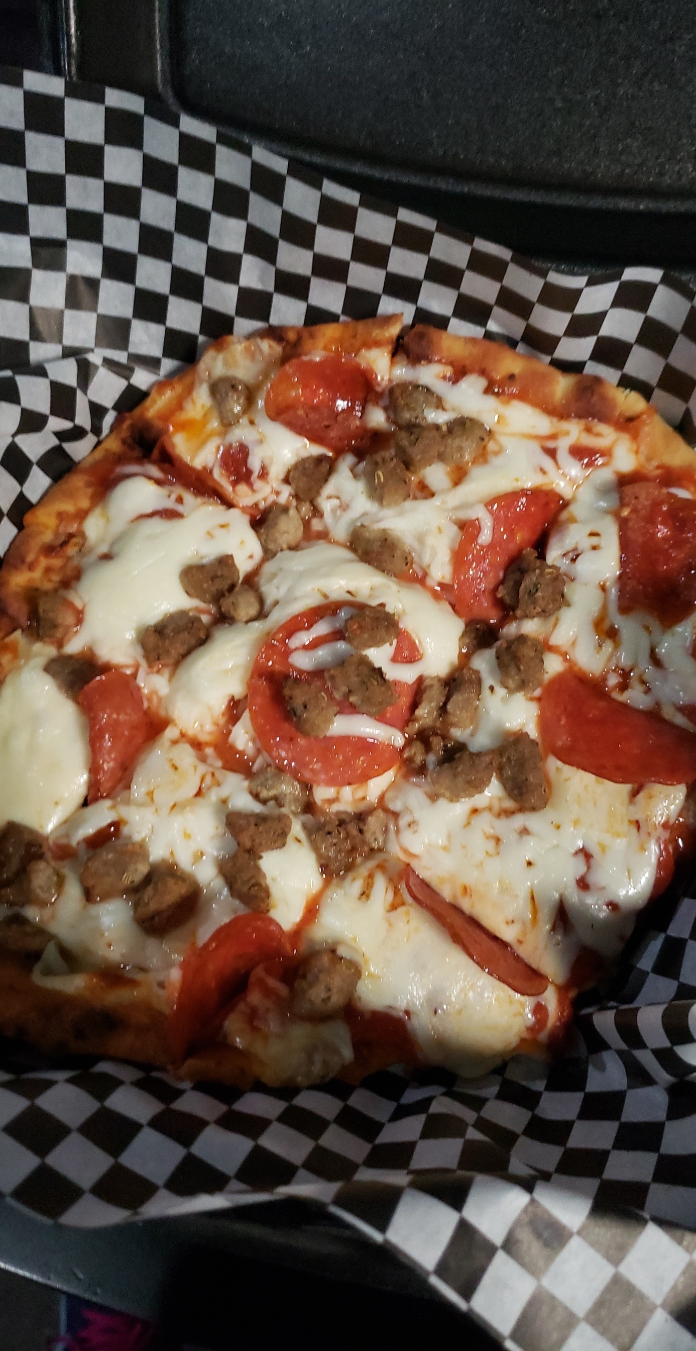 Order Pepperoni and Sausage Flatbread Pizza food online from Lburg Drinks & More store, Lawrenceburg on bringmethat.com