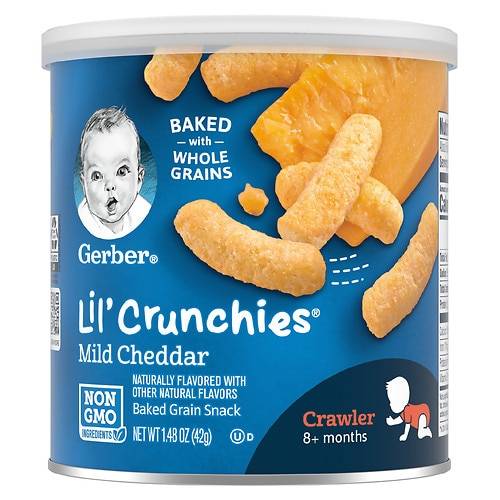Order Gerber Lil' Crunchies Baked Corn Snack Cheddar - 1.48 oz food online from Walgreens store, Lynn on bringmethat.com