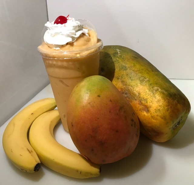 Order  #8. Banana, Papaya, Mango Smoothie food online from El Papayon store, Ontario on bringmethat.com