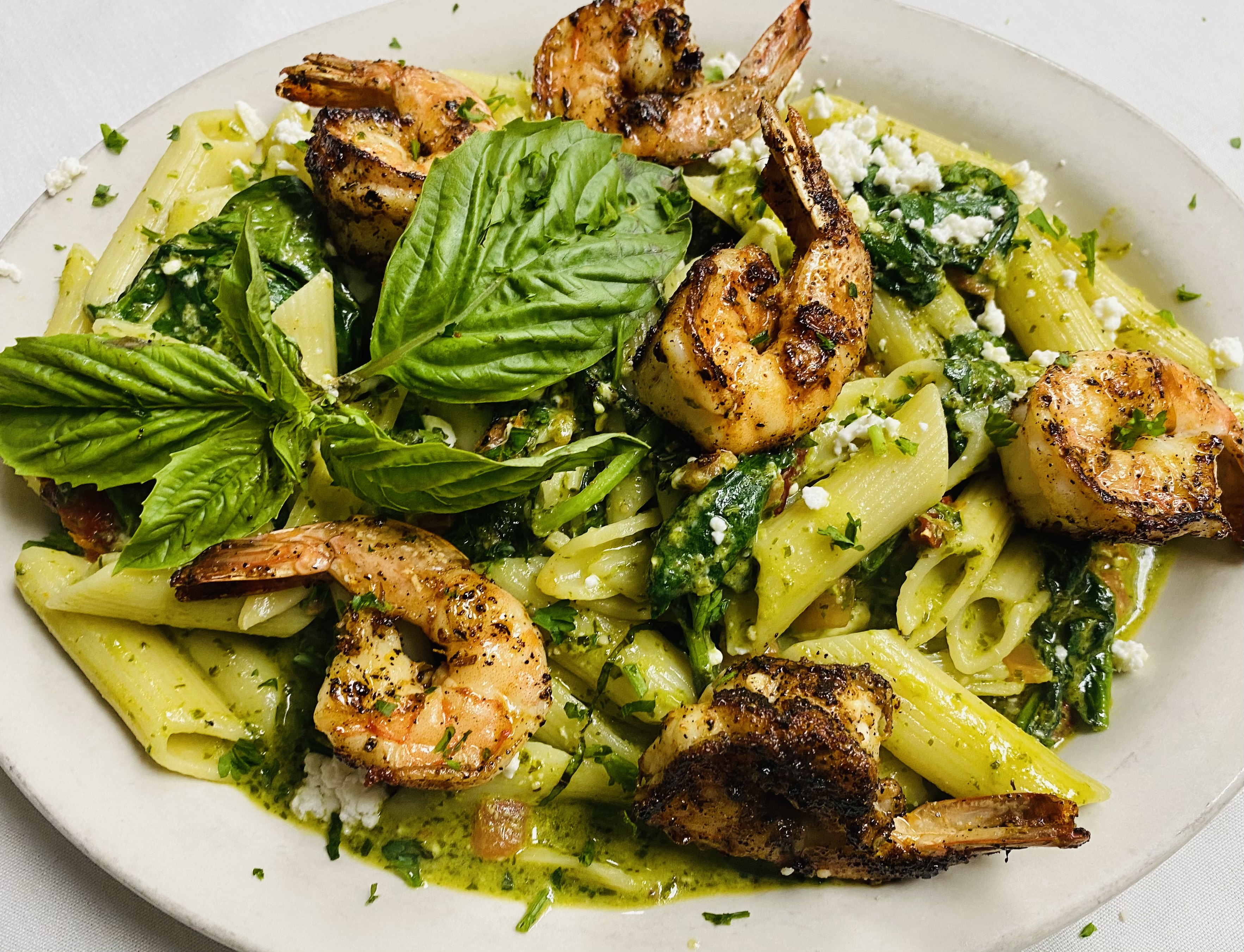Order Penne Riviera with Grilled Shrimp Lunch food online from Santa Barbara Italian Cafe store, Pearland on bringmethat.com