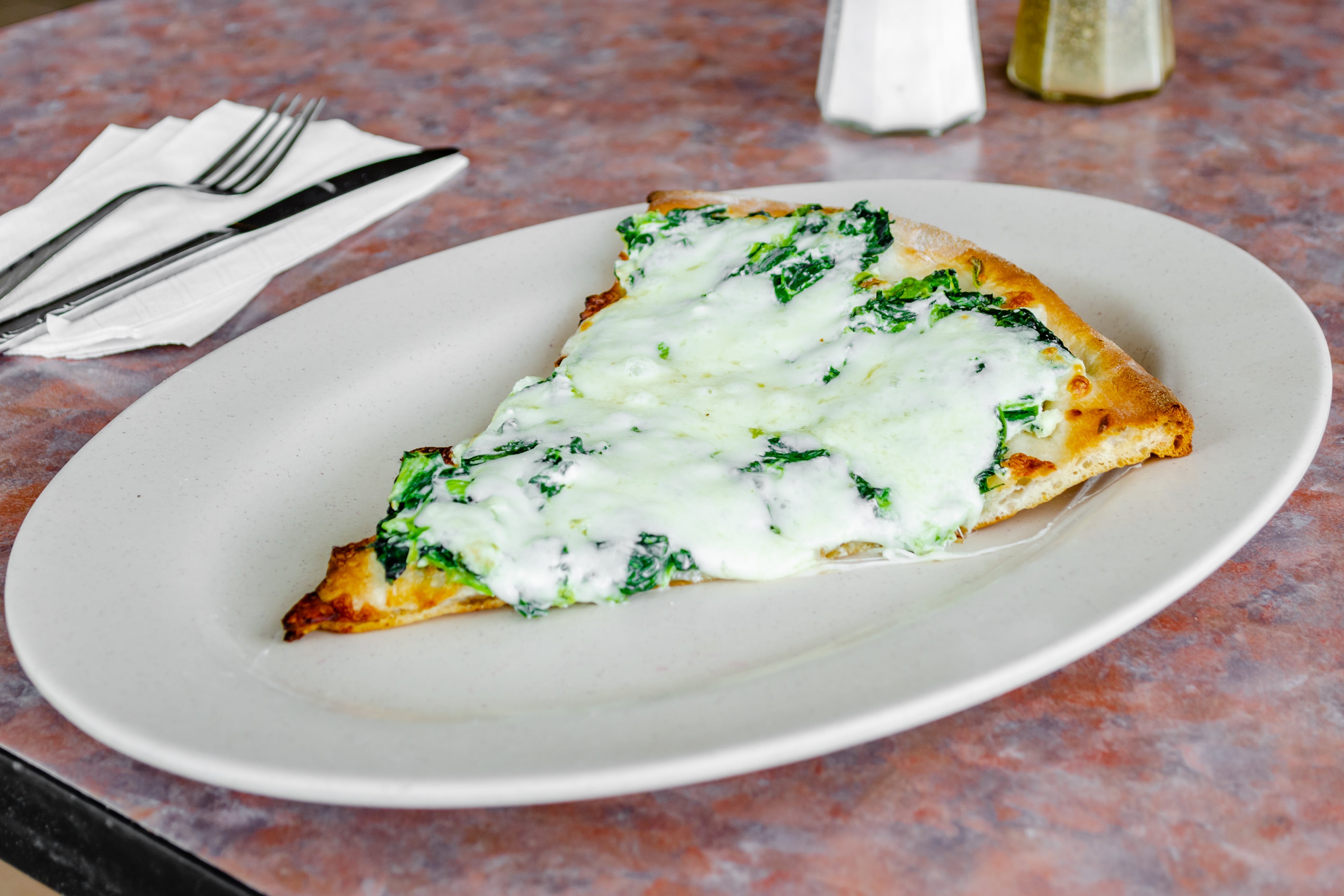 Order White Pizza with Spinach - Medium 14" food online from Frank's Pizza & Italian Restaurant store, Blairstown on bringmethat.com