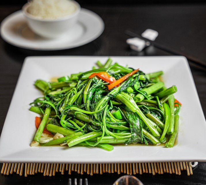 Order 157. Stir Fried Water Ong Choy with Preserved Bean Curd椒丝腐乳炒通菜 food online from Foshan Restaurant store, La Puente on bringmethat.com