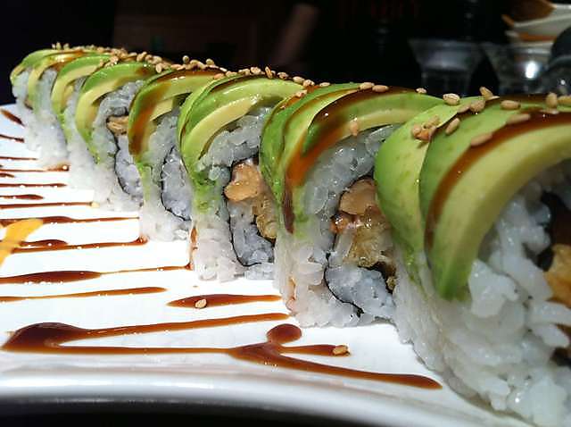 Order 33. Caterpillar Cut Roll food online from Miyoda Sushi store, Redondo Beach on bringmethat.com