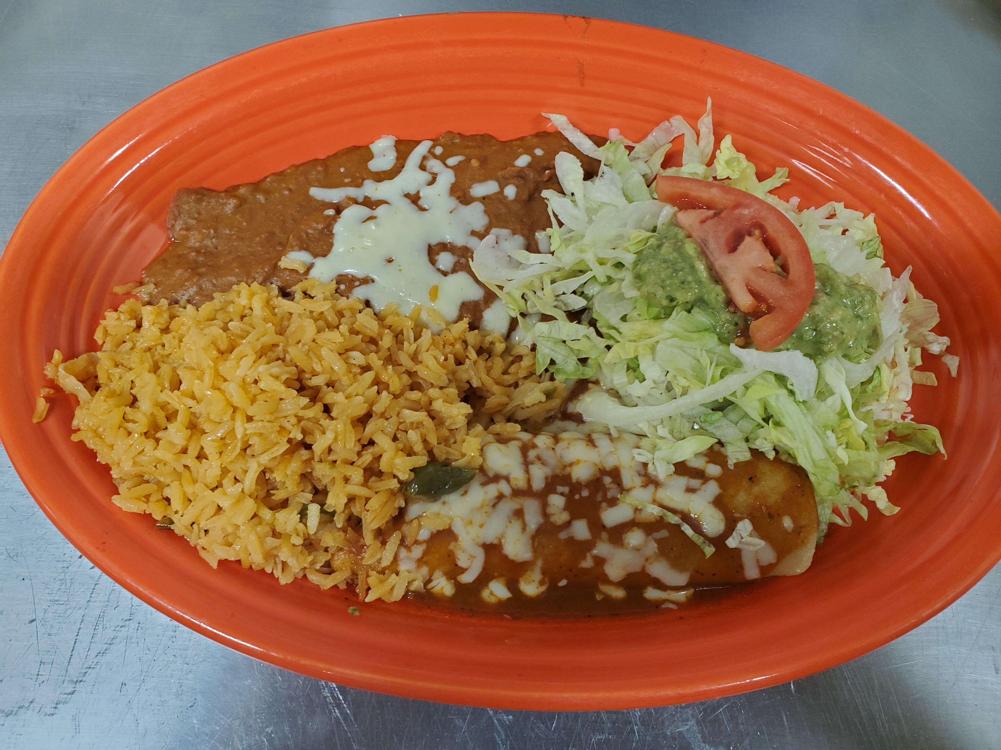 Order  9. Beef Enchilada, Chalupa, Rice & Beans food online from Los Gallos Mexican Grill store, Rochester on bringmethat.com