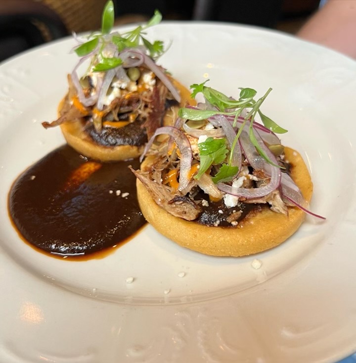 Order Sopes with Duck Carnitas and Black Mole food online from Sausal store, El Segundo on bringmethat.com