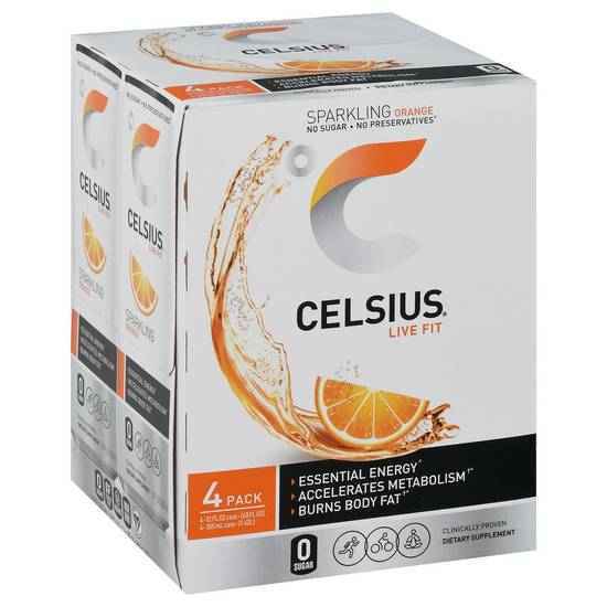 Order Celsius Energy Drink Sparkling Orange (12 oz x 4 ct) food online from Rite Aid store, Brook Park on bringmethat.com