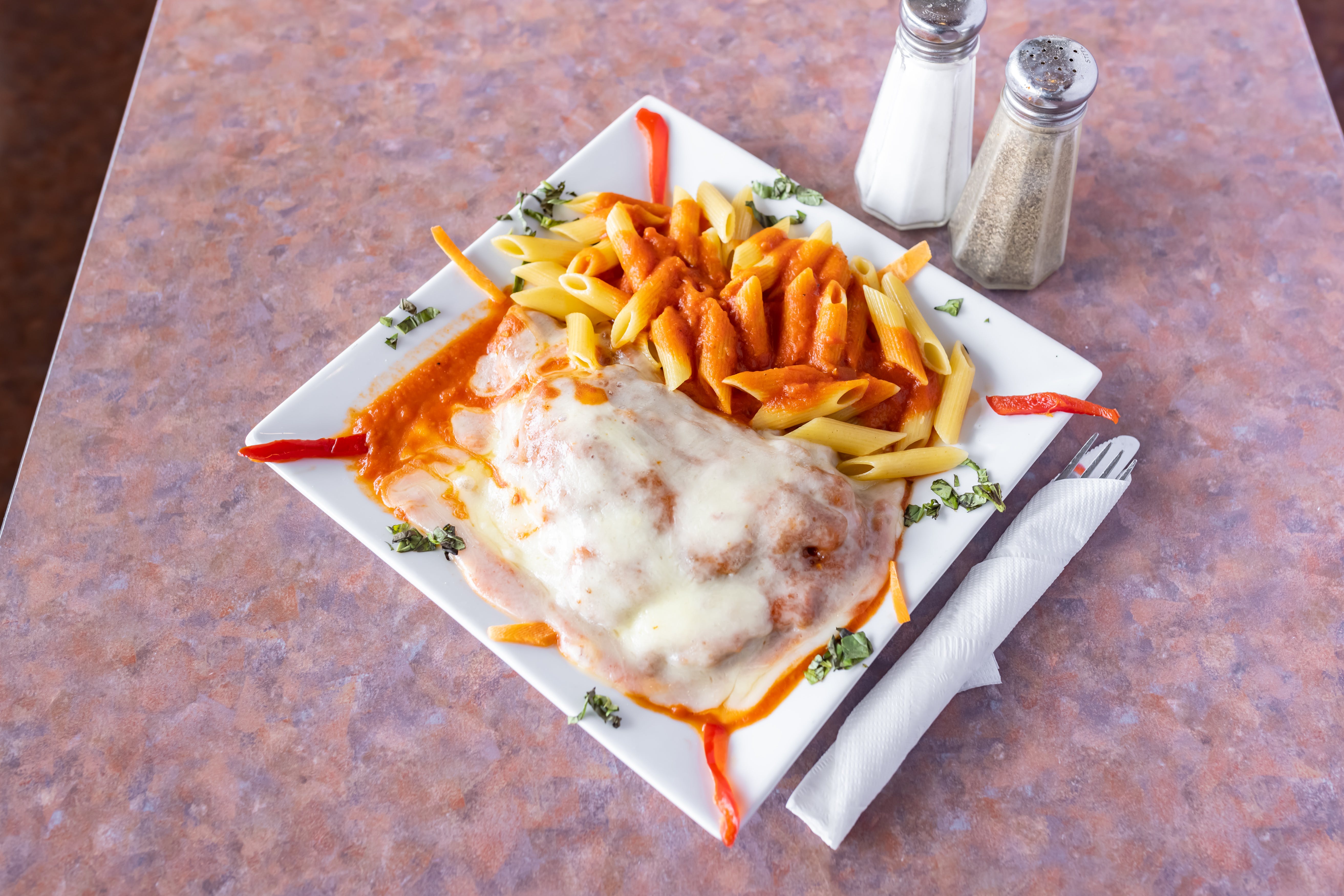 Order Chicken Parmigiana - Entree food online from Frank's Pizza & Italian Restaurant store, Blairstown on bringmethat.com