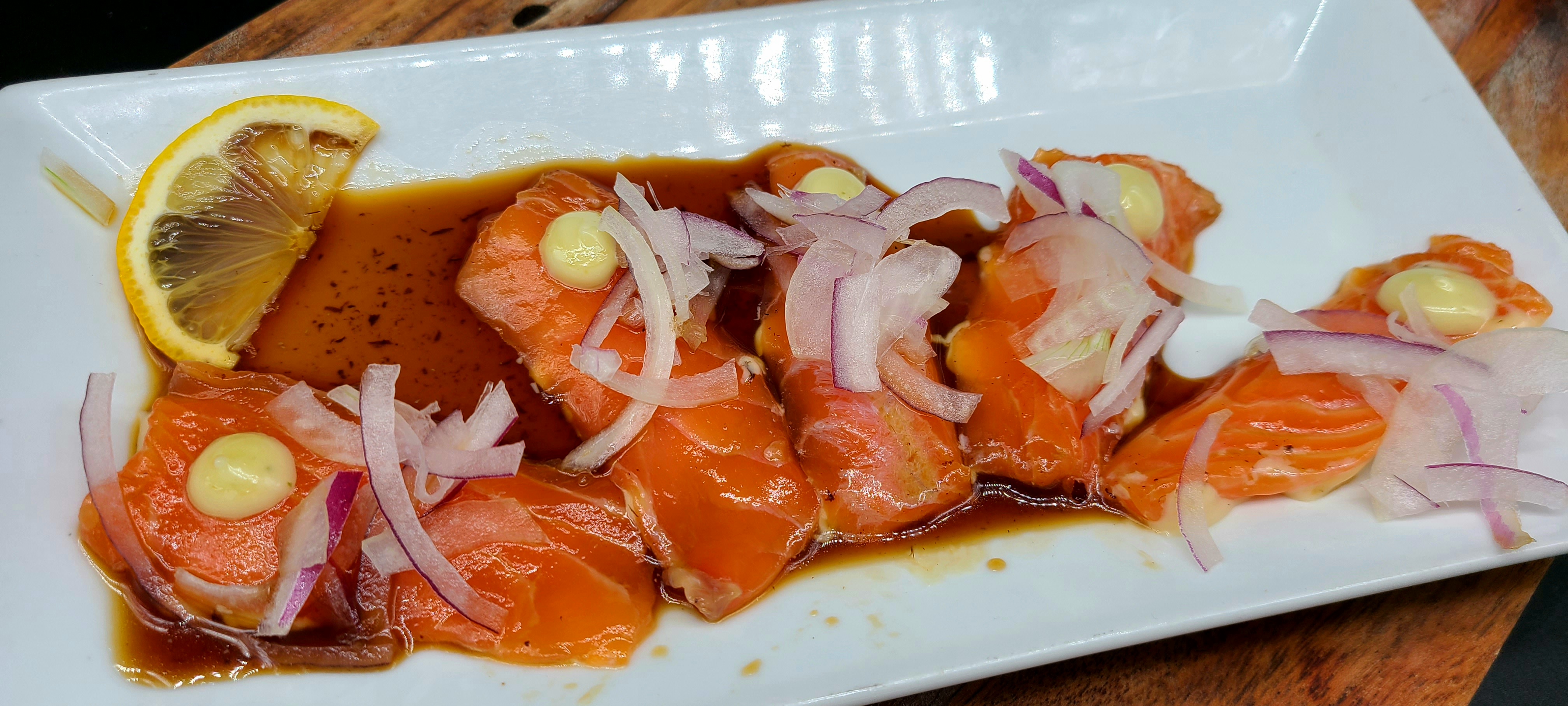 Order PA4. Salmon Carpaccio(5pcs) food online from Hello Sushi store, Fullerton on bringmethat.com
