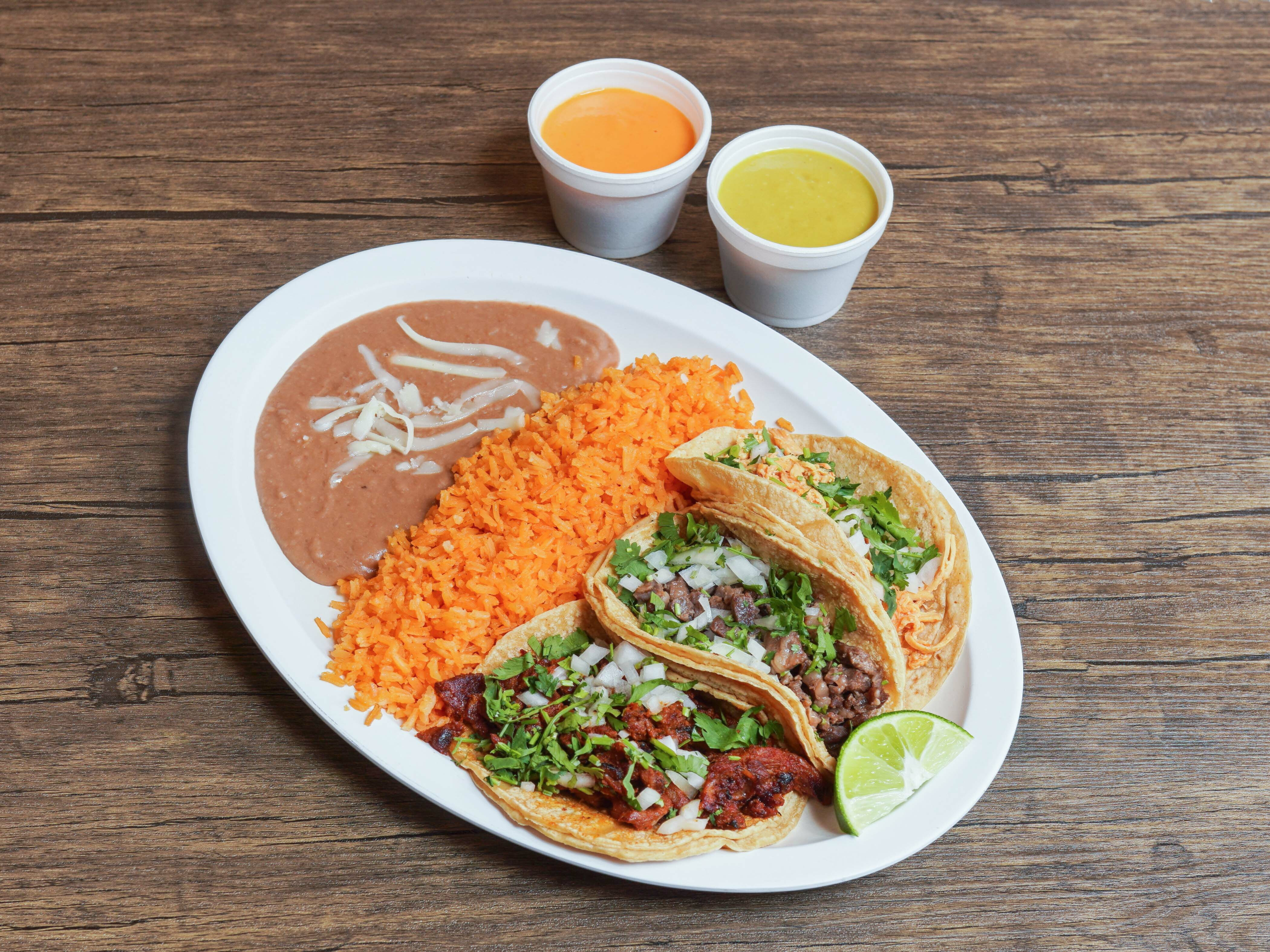 Order 3 Tacos Dinner food online from Fast burrito store, Chicago on bringmethat.com