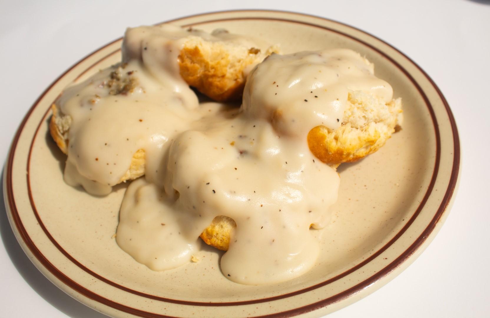 Order TWO Biscuits & Gravy food online from Wisk Am Eatery store, Prosper on bringmethat.com