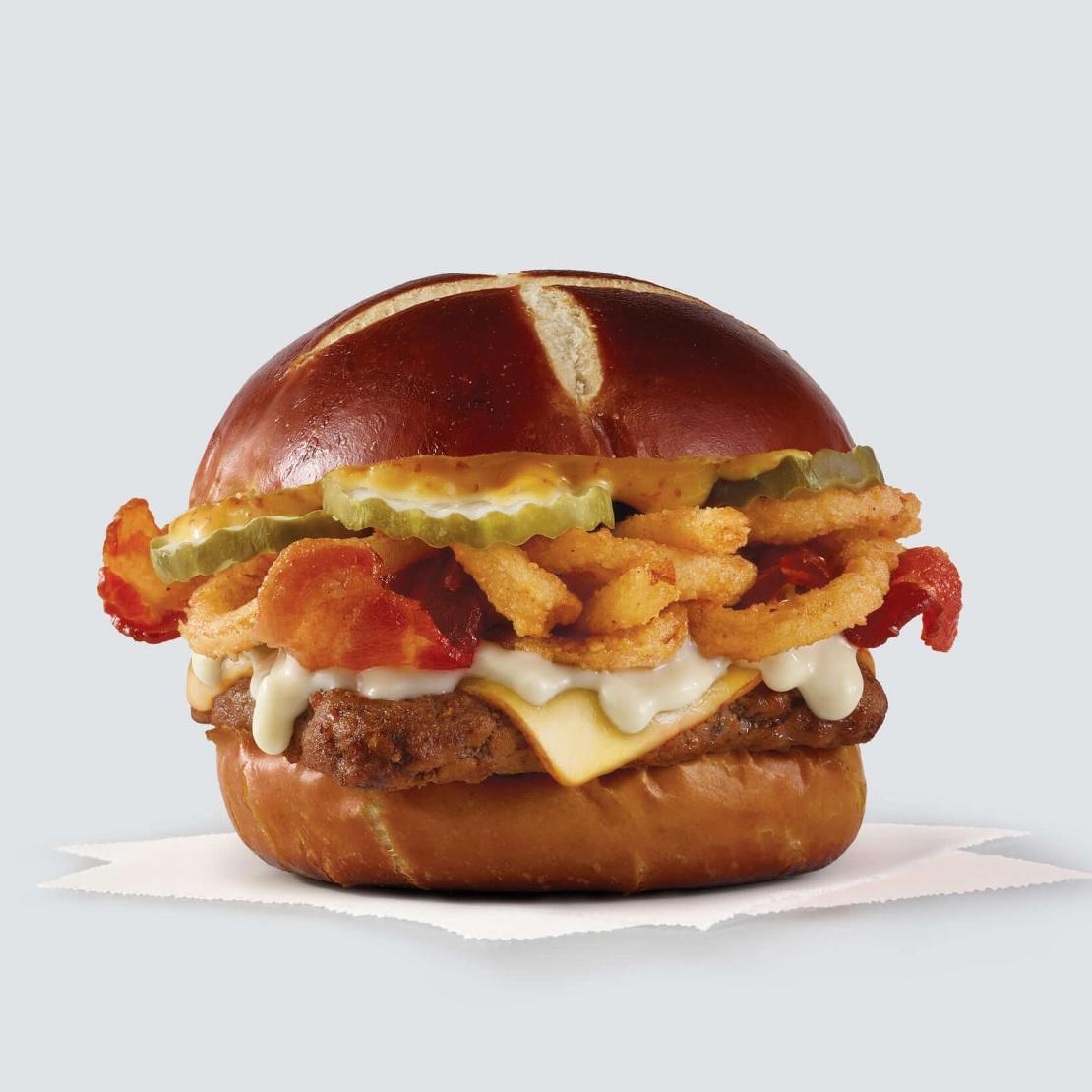 Order Pretzel Bacon Pub Cheeseburger food online from Wendy's store, Fishers on bringmethat.com