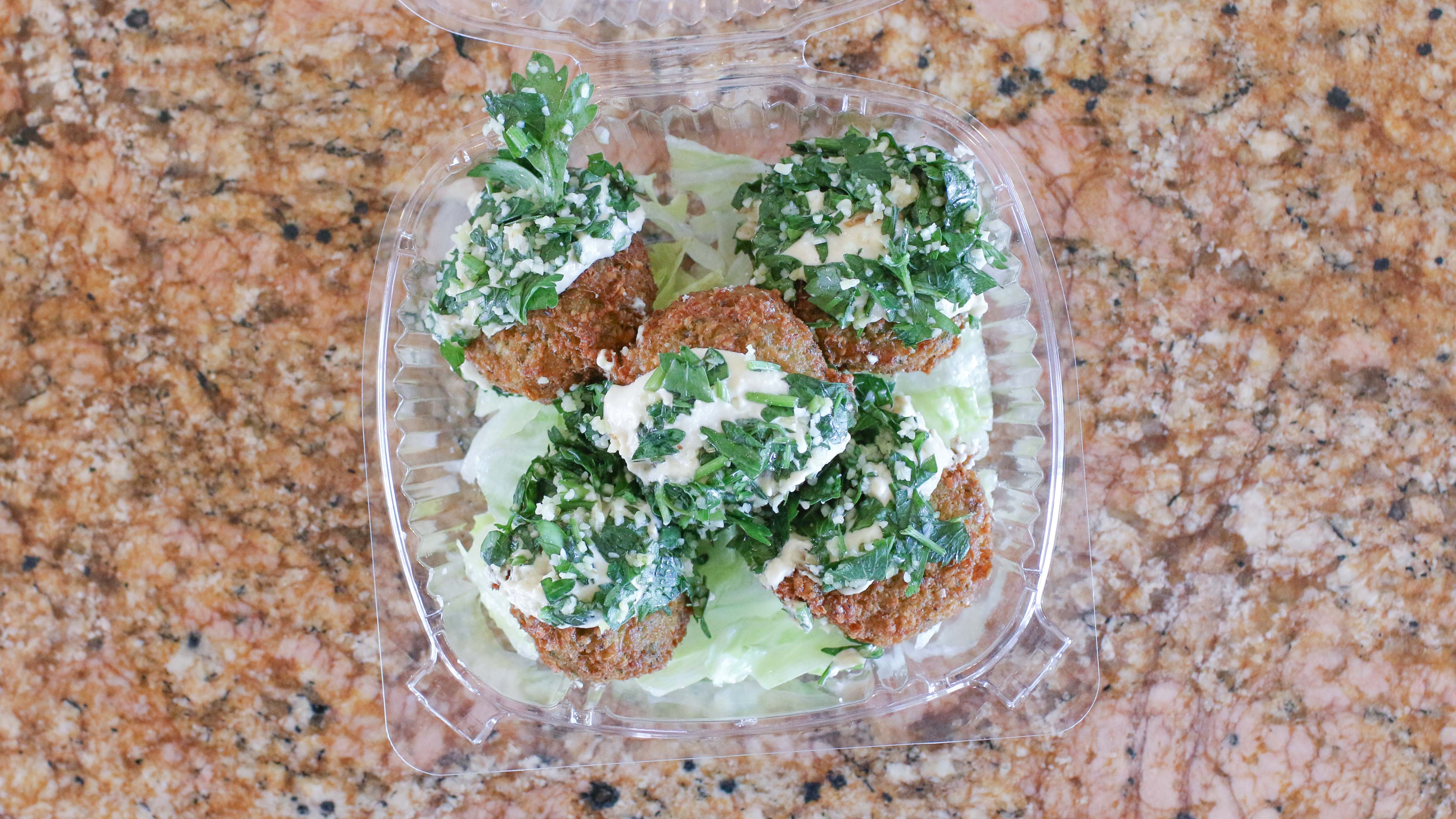 Order Small Falafel Balls- Dipped with Hummus & Tabouli  food online from Falafel Palace store, Los Angeles on bringmethat.com