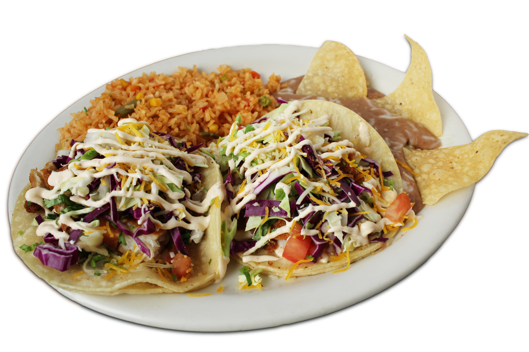Order .Baja Fish Taco Plate. food online from La Fogata Mexican Restaurant store, Los Angeles on bringmethat.com