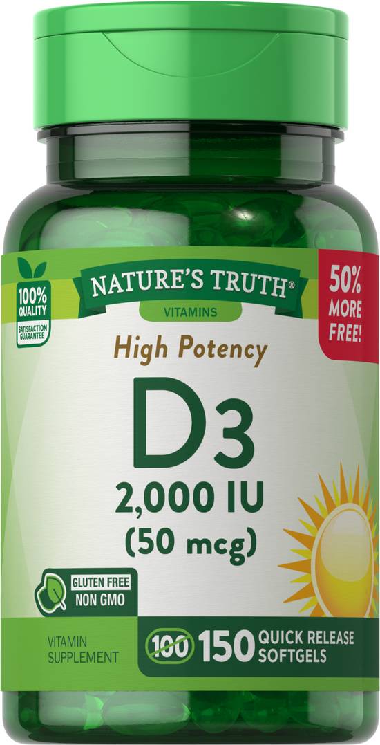 Order Nature's Truth High Potency Vitamin D3 Softgels 50 mcg (150 ct) food online from Rite Aid store, Palm Desert on bringmethat.com