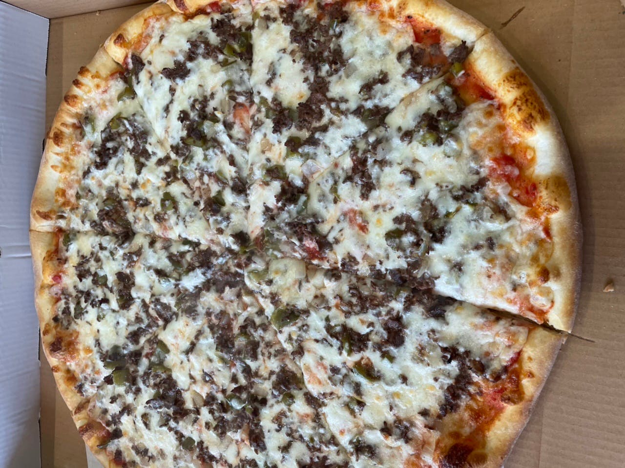 Order Cheesesteak Pizza - 14'' (6 Cut) food online from Michelangelo's Pizza store, East Brunswick on bringmethat.com