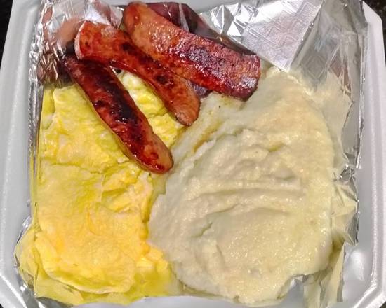 Order Andouille Sausage Three Eggs With Smoked Gouda Grits food online from AGAPE KITCHEN & PRALINES store, Humble on bringmethat.com