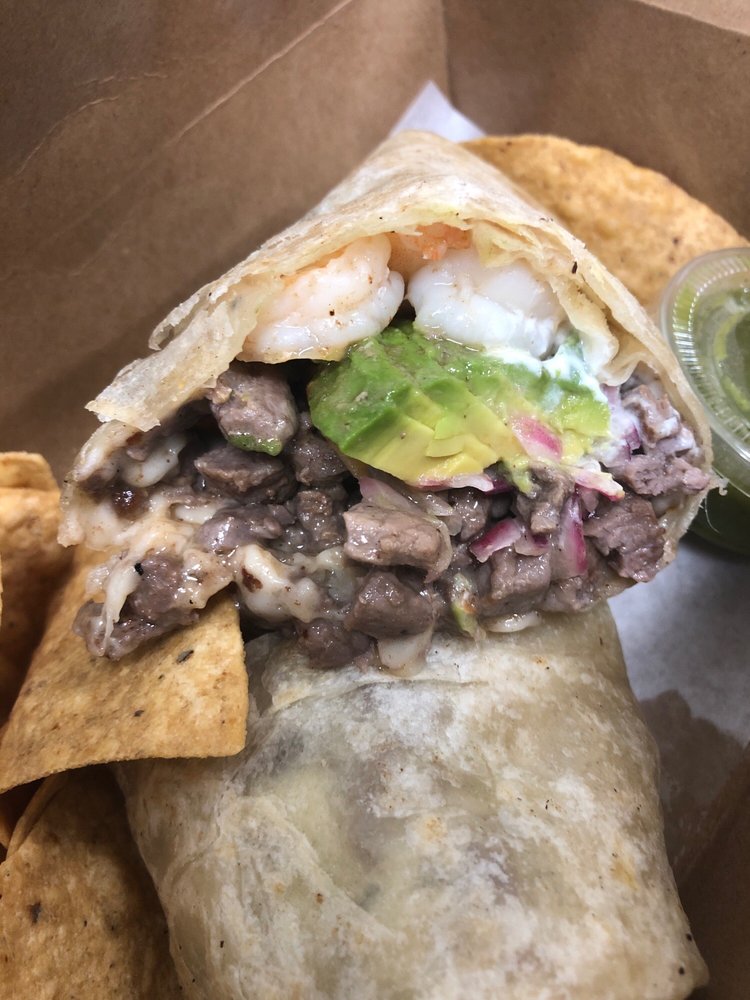 Order Surf and Turf Burrito food online from Zoe Place Tacos &amp; Seafood store, San Diego on bringmethat.com