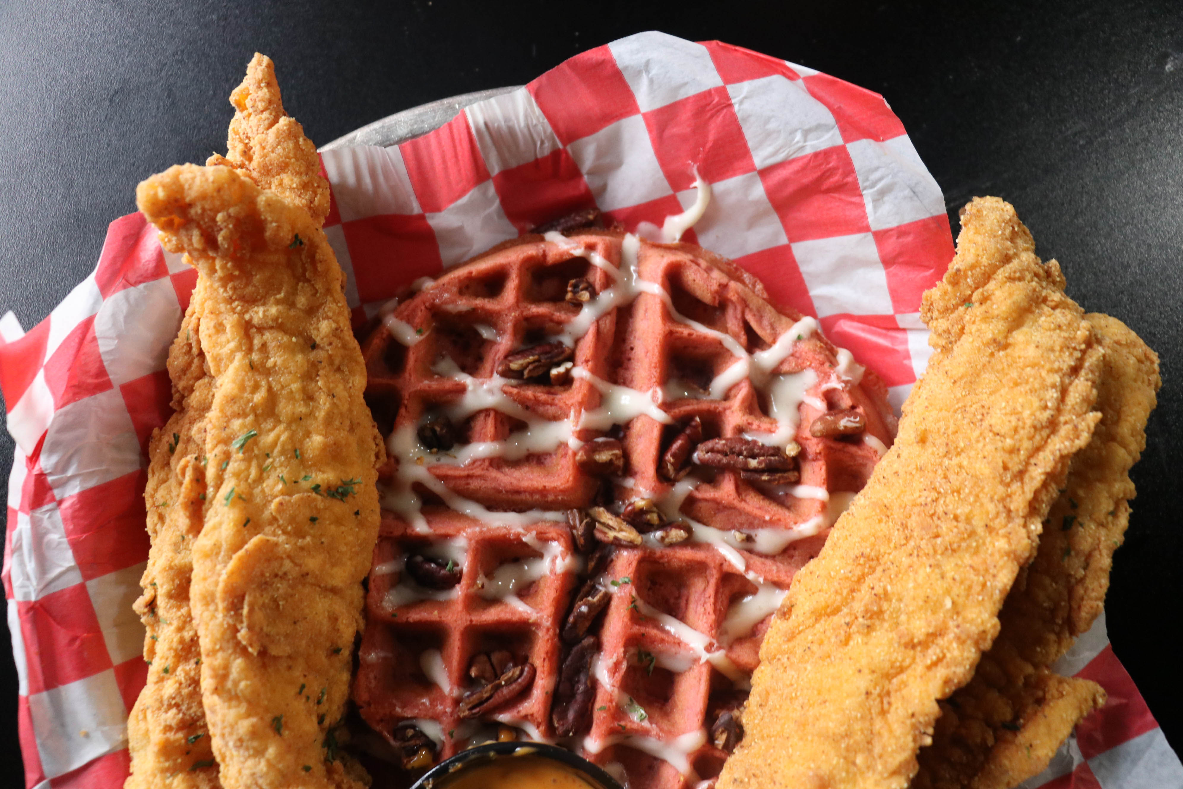Order #9 Fried Fish w/ Red Velvet Waffle  food online from Krab Kingz store, Kansas City on bringmethat.com