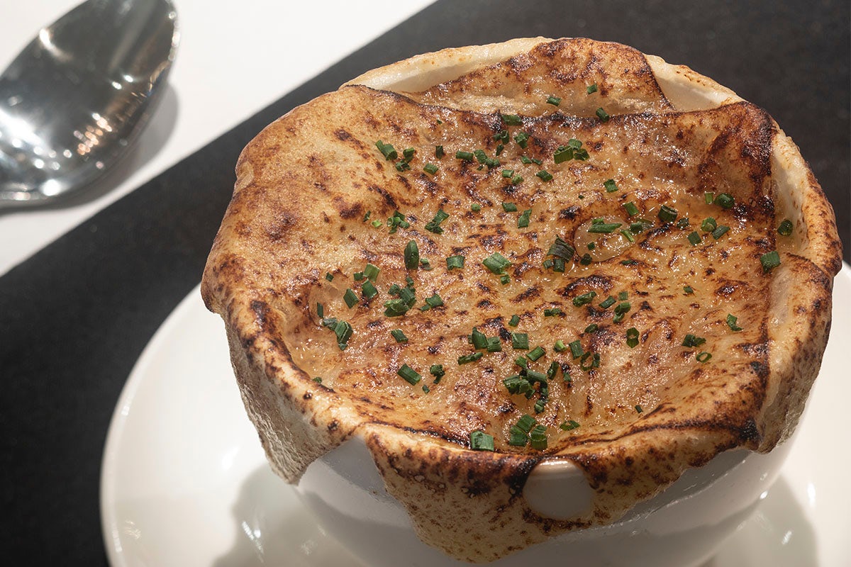Order French Onion Soup | GFM food online from Perry Steakhouse & Grille store, Houston on bringmethat.com