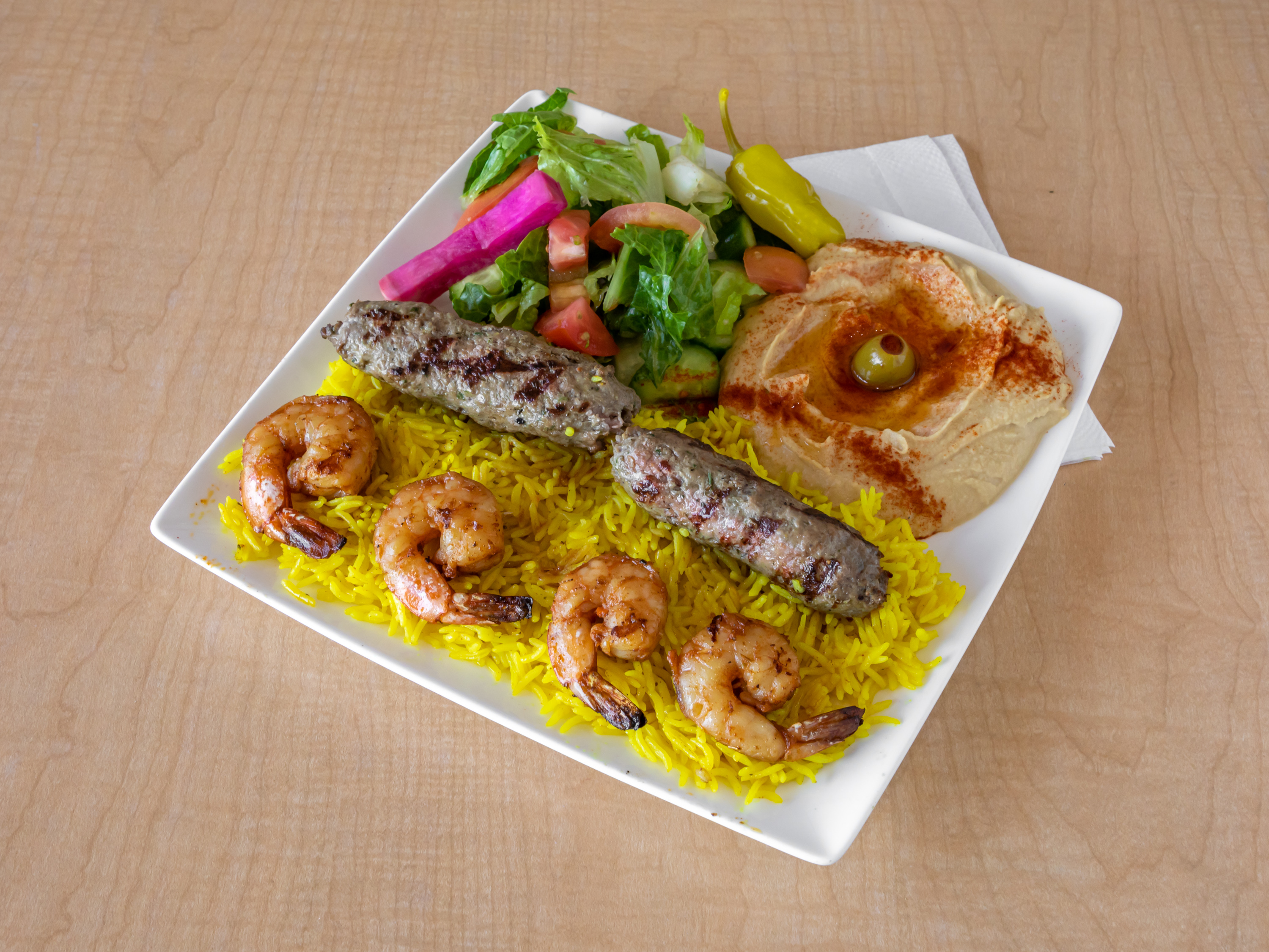 Order Shrimp & Kafta Kabob Plate food online from Golden Olive store, Huntington Beach on bringmethat.com