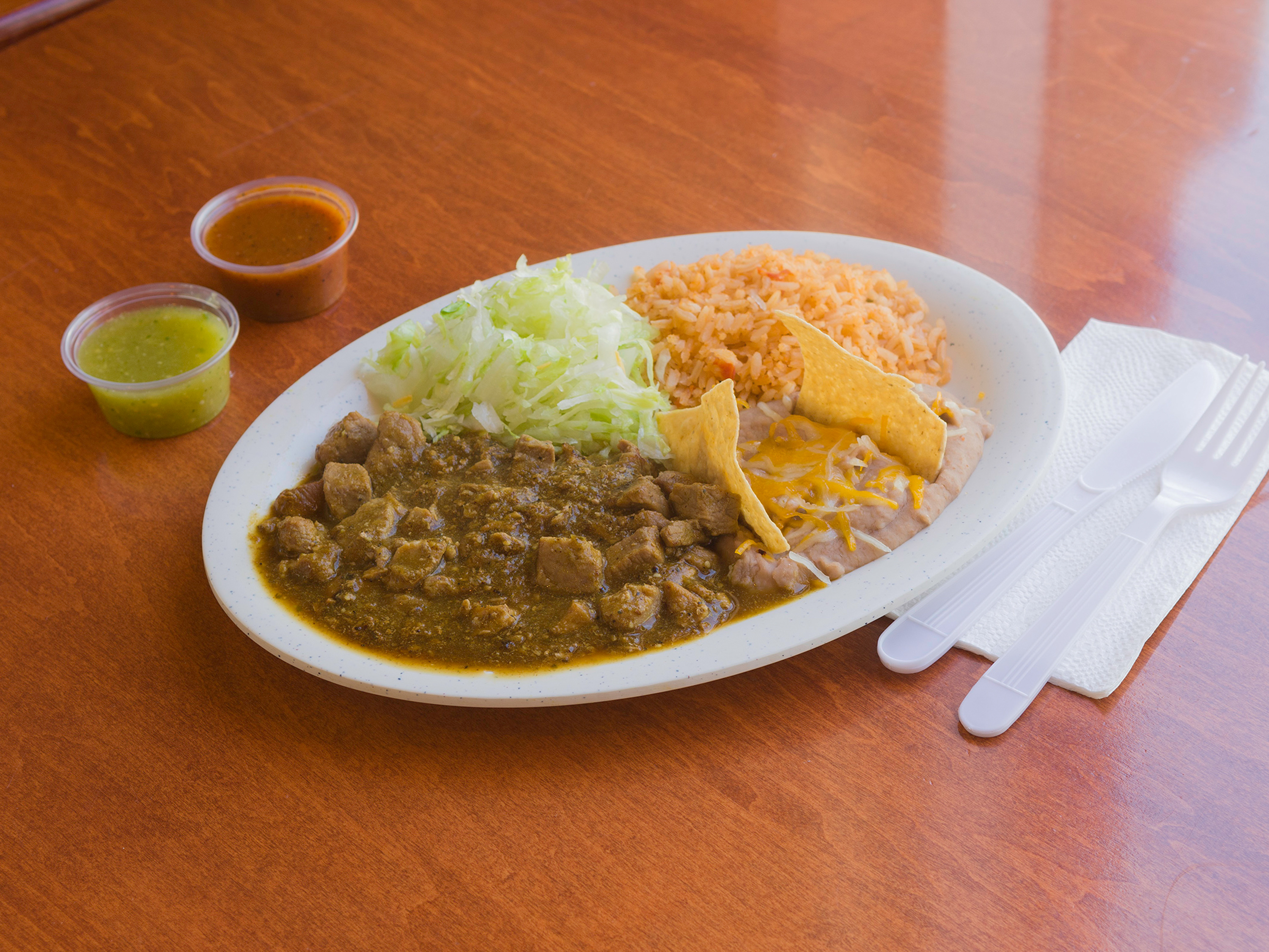 Order 8. Chile Verde Combo food online from Tosinos Mexican Grill store, Gilbert on bringmethat.com