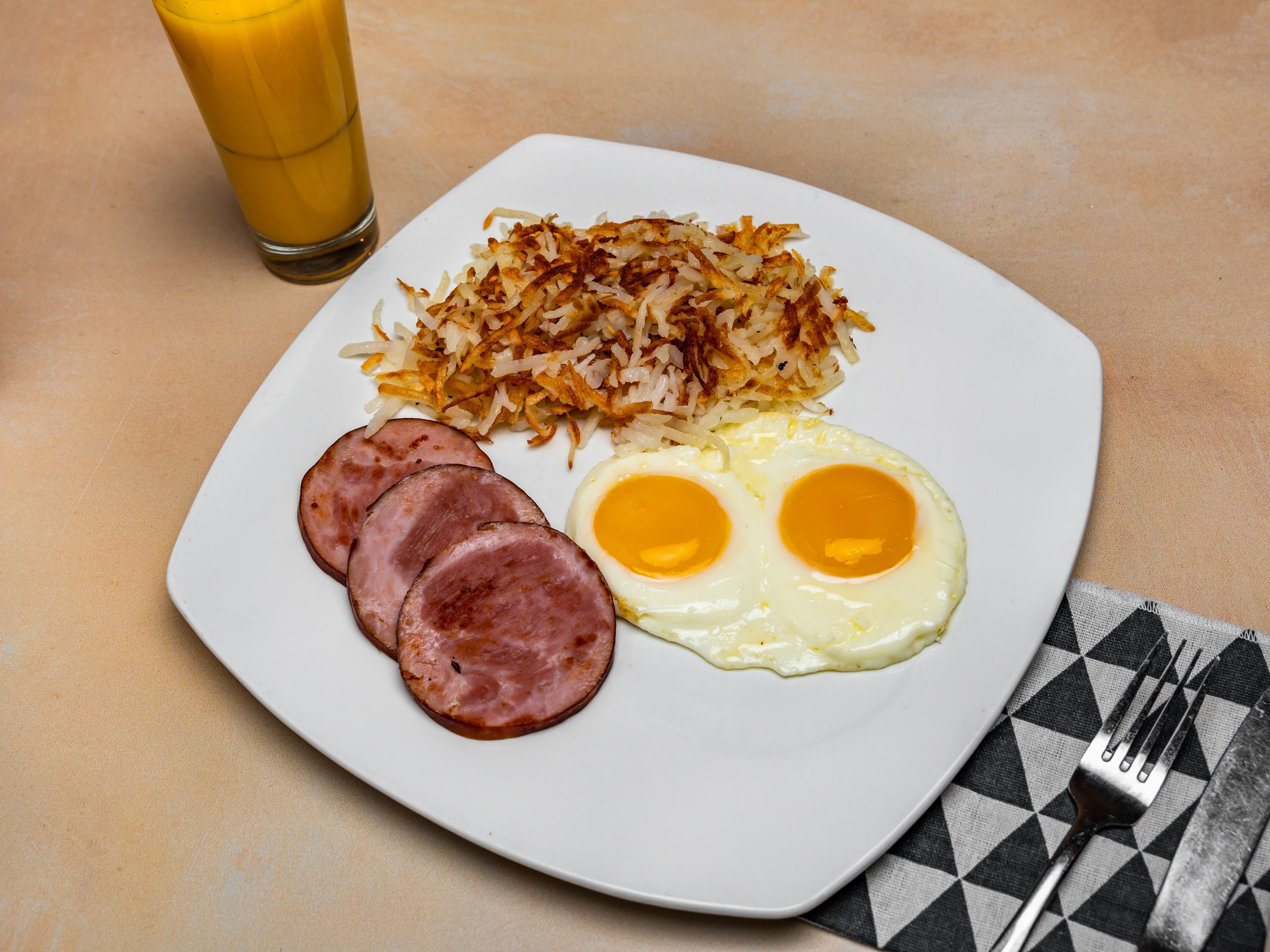 Order 2 farm fresh Eggs with Canadian Bacon food online from Apple Villa Pancake House store, Hoffman Estates on bringmethat.com
