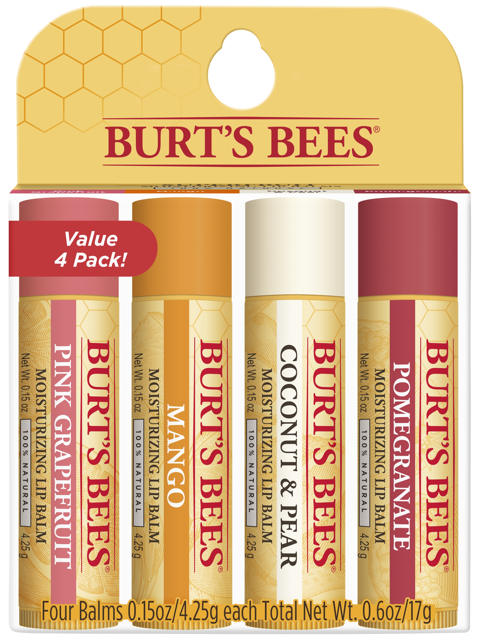 Order Burt's Bees 100% Natural Moisturizing Lip Balm, Superfruit, Pink Grapefruit, Mango, Coconut & Pear, Pomegranate - 4 ct food online from Rite Aid store, MILLER PLACE on bringmethat.com