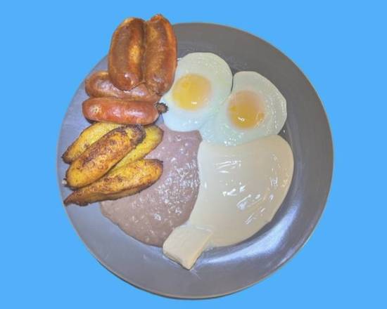 Order #9 Two Eggs, fried plantain,Salvadorian Sausage, Cream. Cheese, Beans and Two Tortillas food online from Sabrositas store, Los Angeles on bringmethat.com