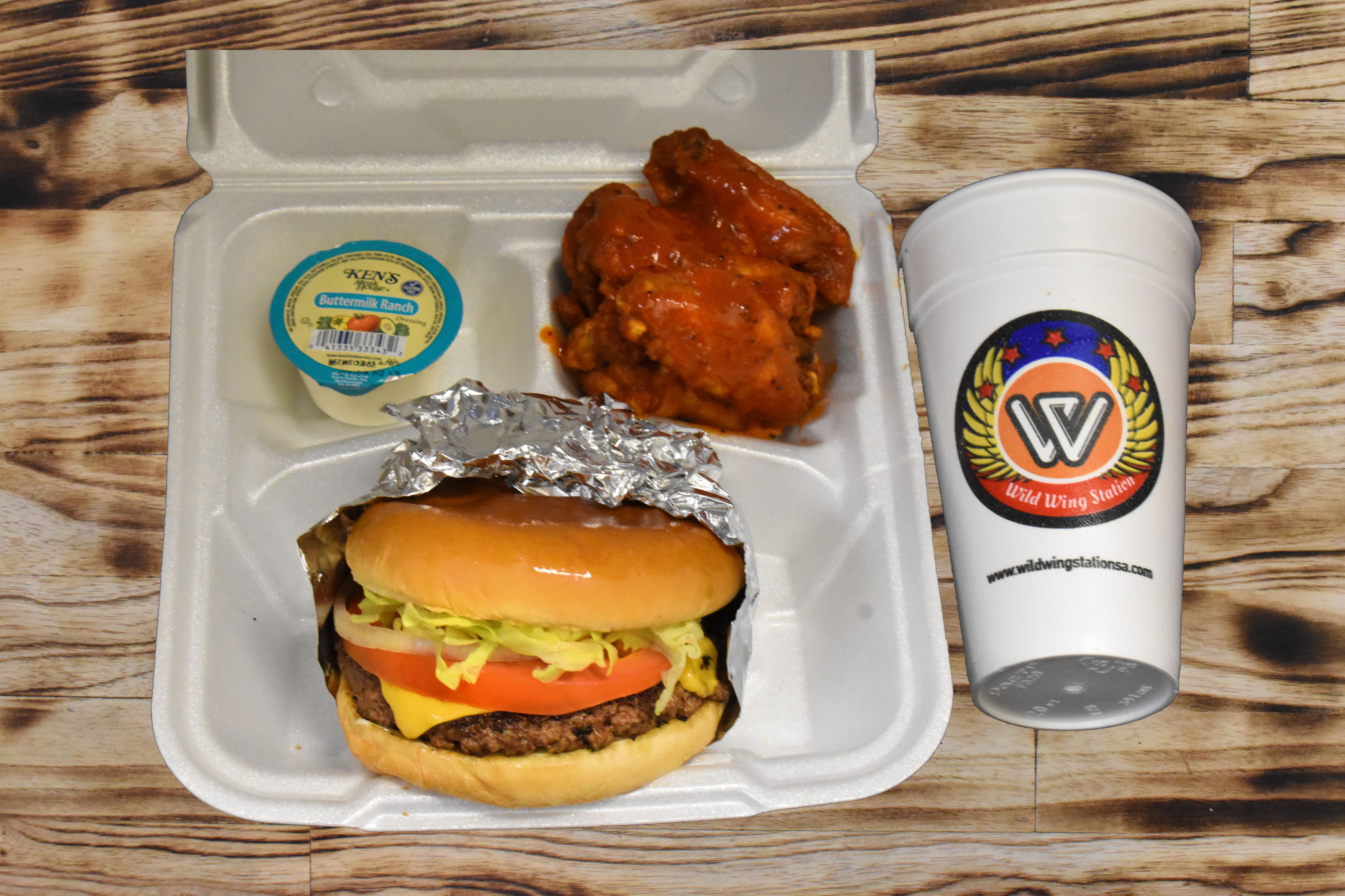 Order Burger with 5 Piece Wings and Drink food online from Wild Wing Station store, San Antonio on bringmethat.com