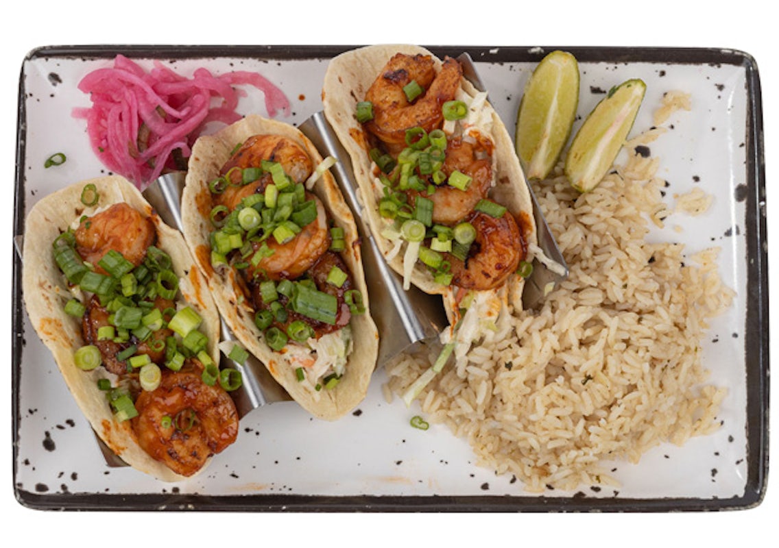 Order GRILLED BBQ SHRIMP TACOS (3) food online from Taco Mac store, Roswell on bringmethat.com