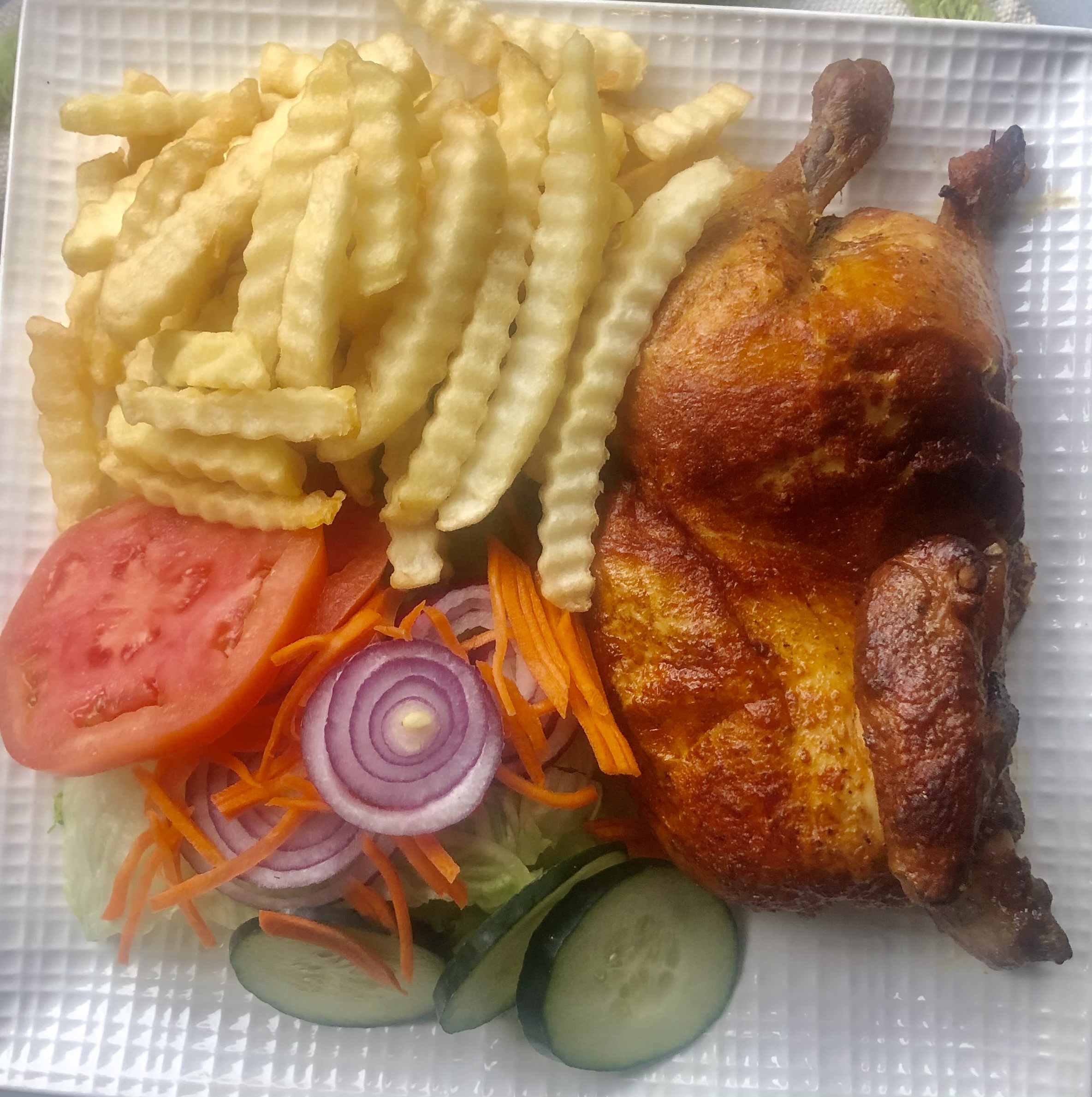 Order 1/2 of Pollo a la Brasa with Fries and Salad food online from Chili Dog Restaurant store, New Rochelle on bringmethat.com
